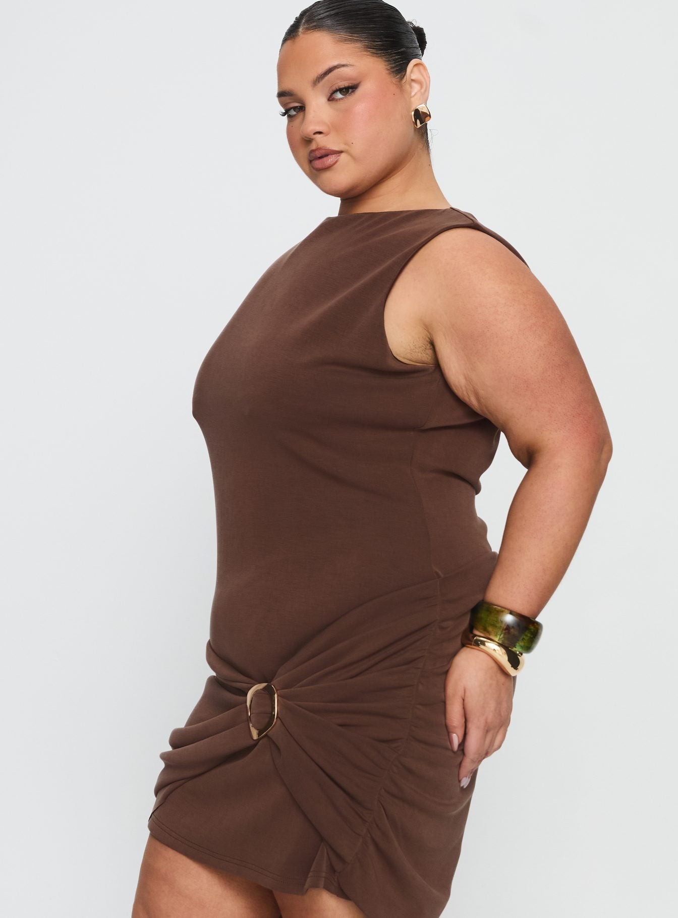 Kharla Ruched Hardware Mini Dress Brown Curve - Image 3