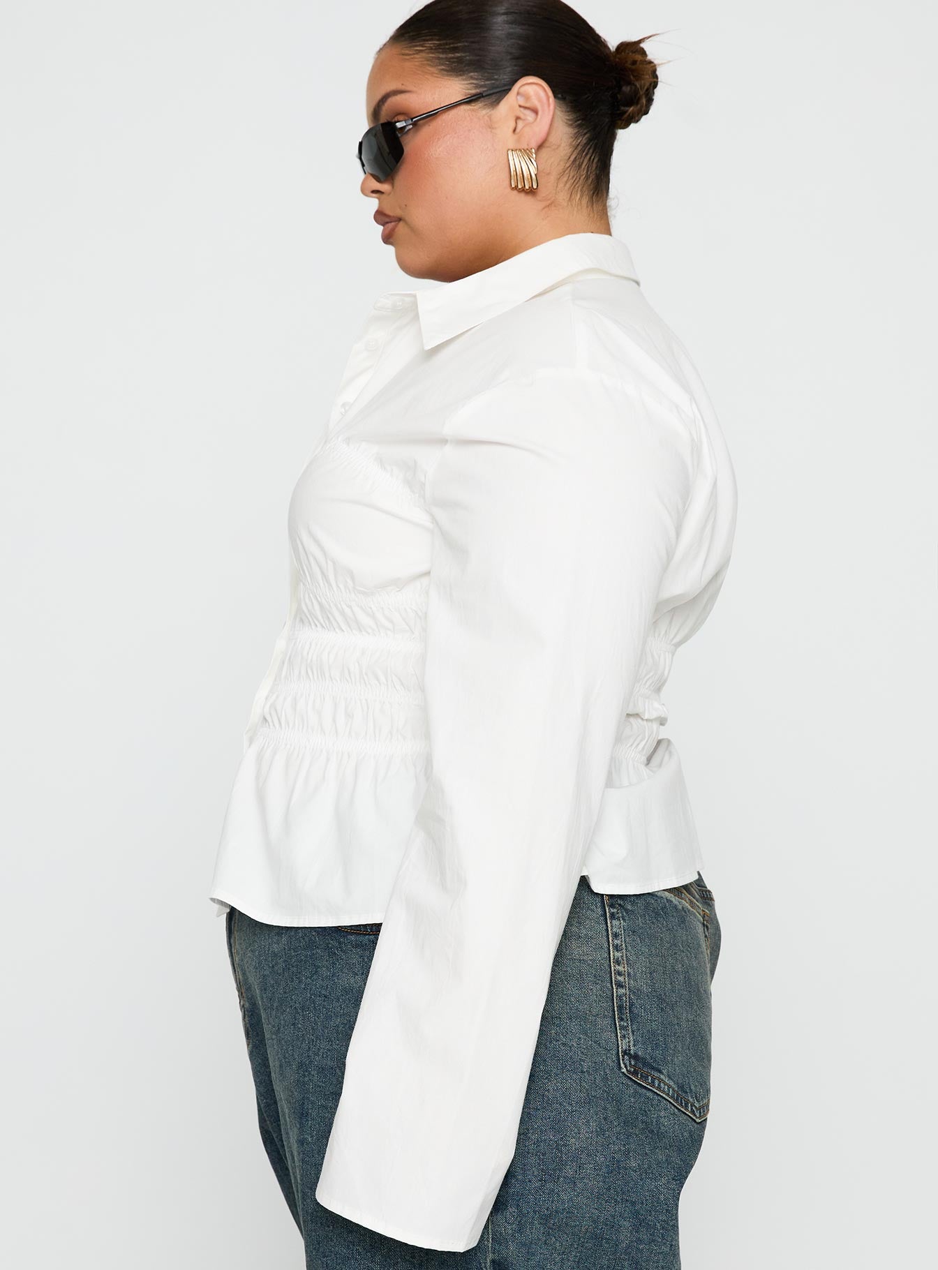 Liesel Shirred Long Sleeve Top White Curve - Image 4