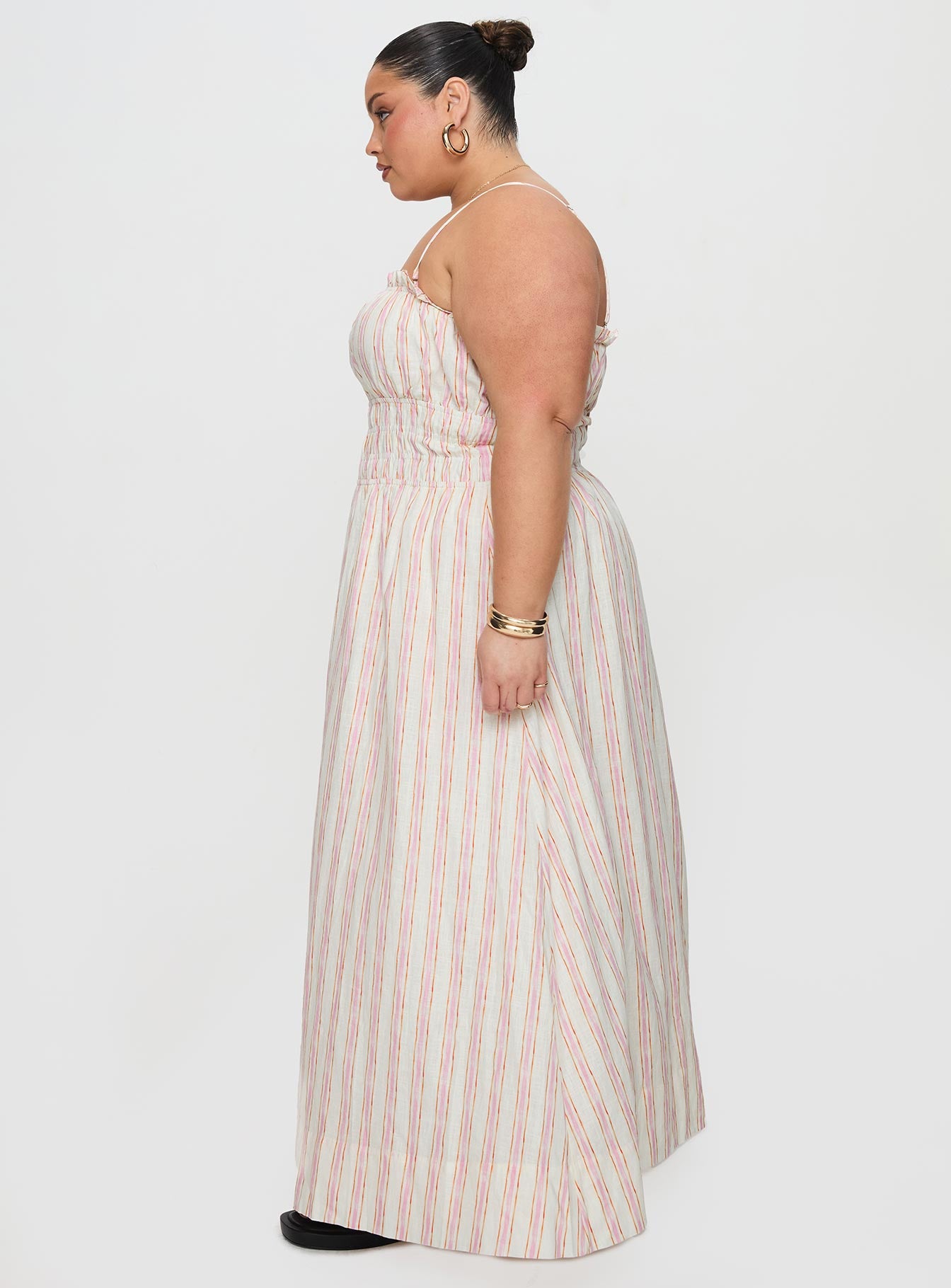 Persephone Shirring Linen Maxi Dress Pink Stripe Curve - Image 4