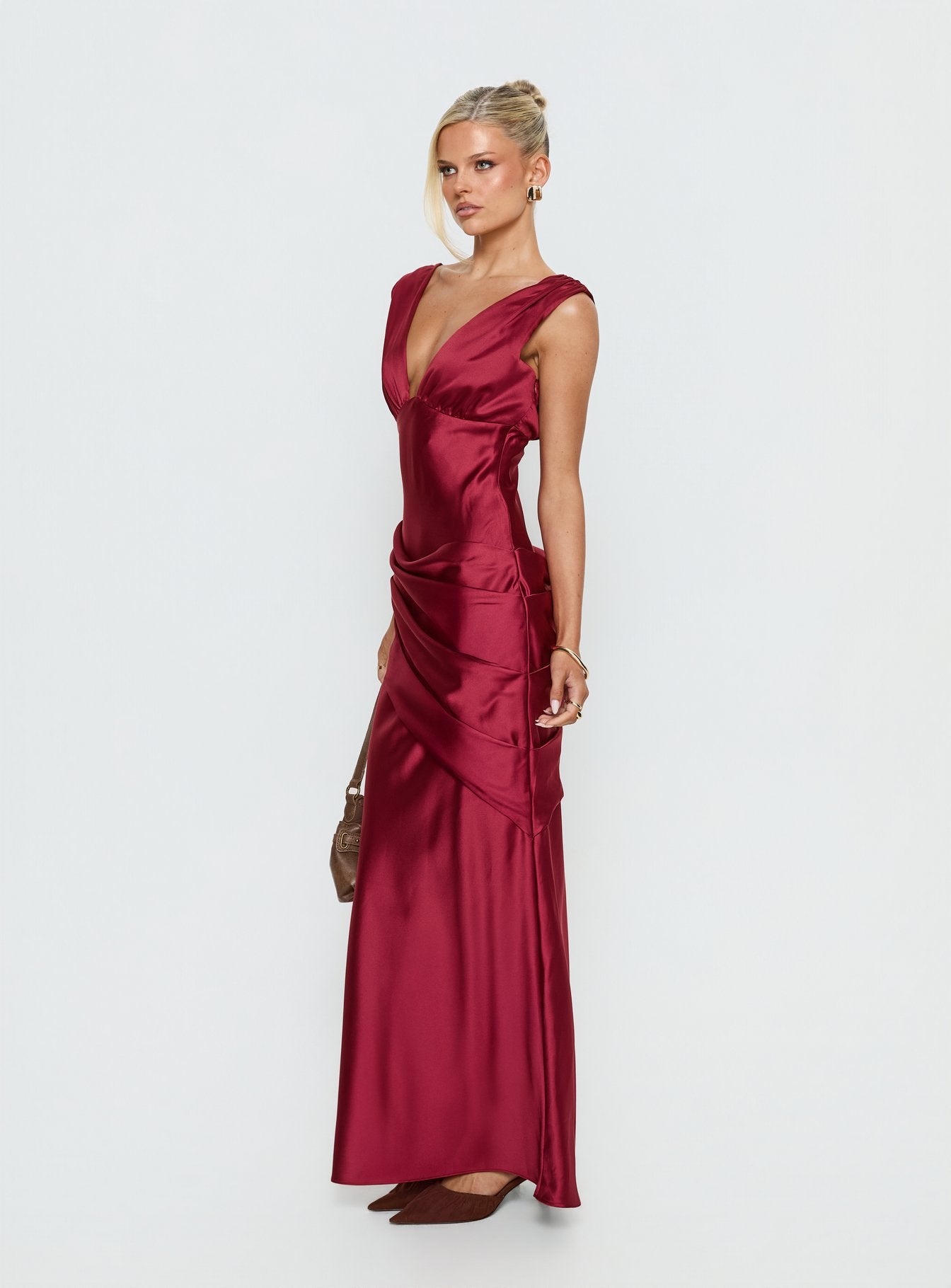 False Alarm Plunge Asymmetrical Pleat Maxi Dress Red - Image 4