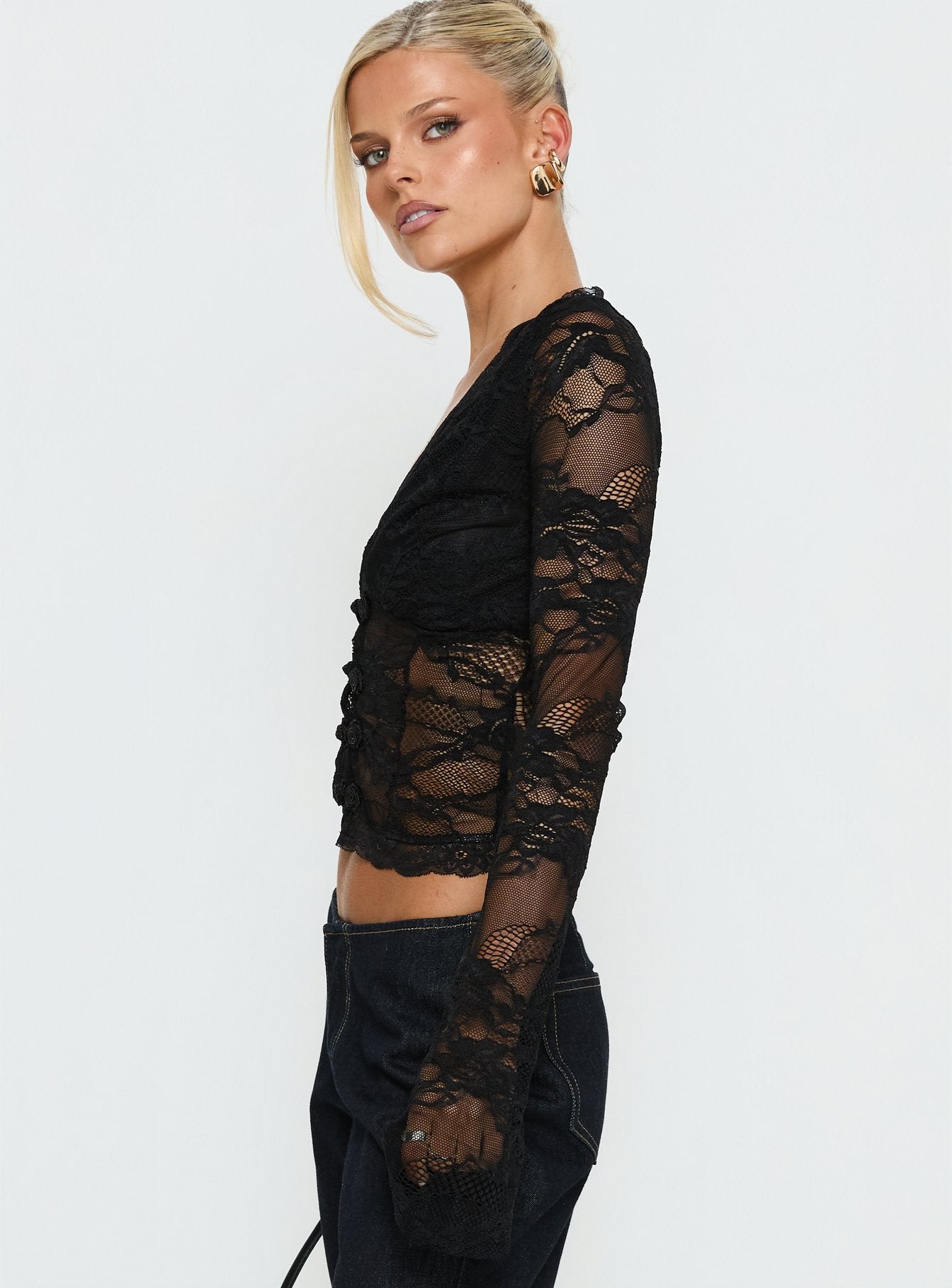 Fenne Lace Long Sleeve Top Black - Image 4