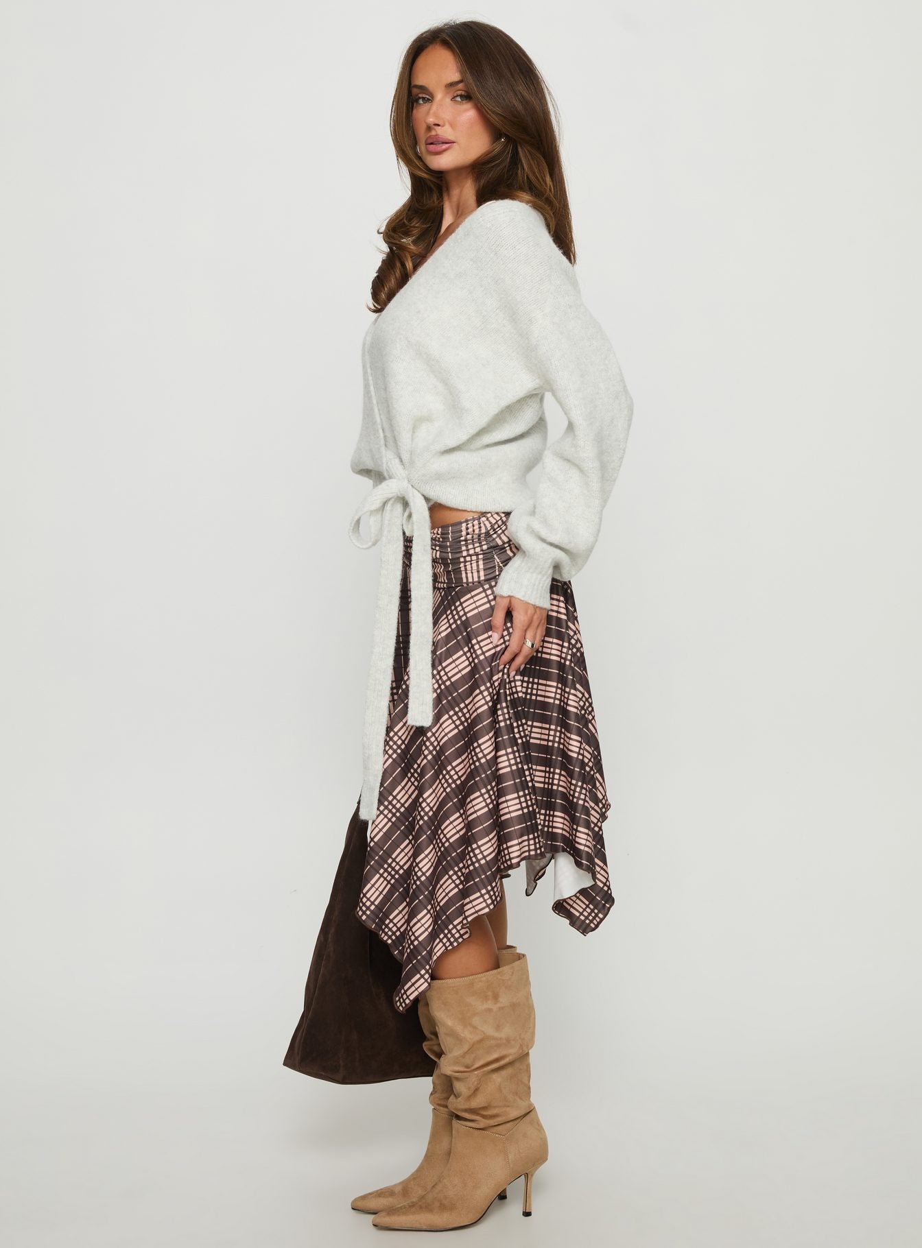 Scholar Asymmetrical Midi Skirt Brown Check - Image 4