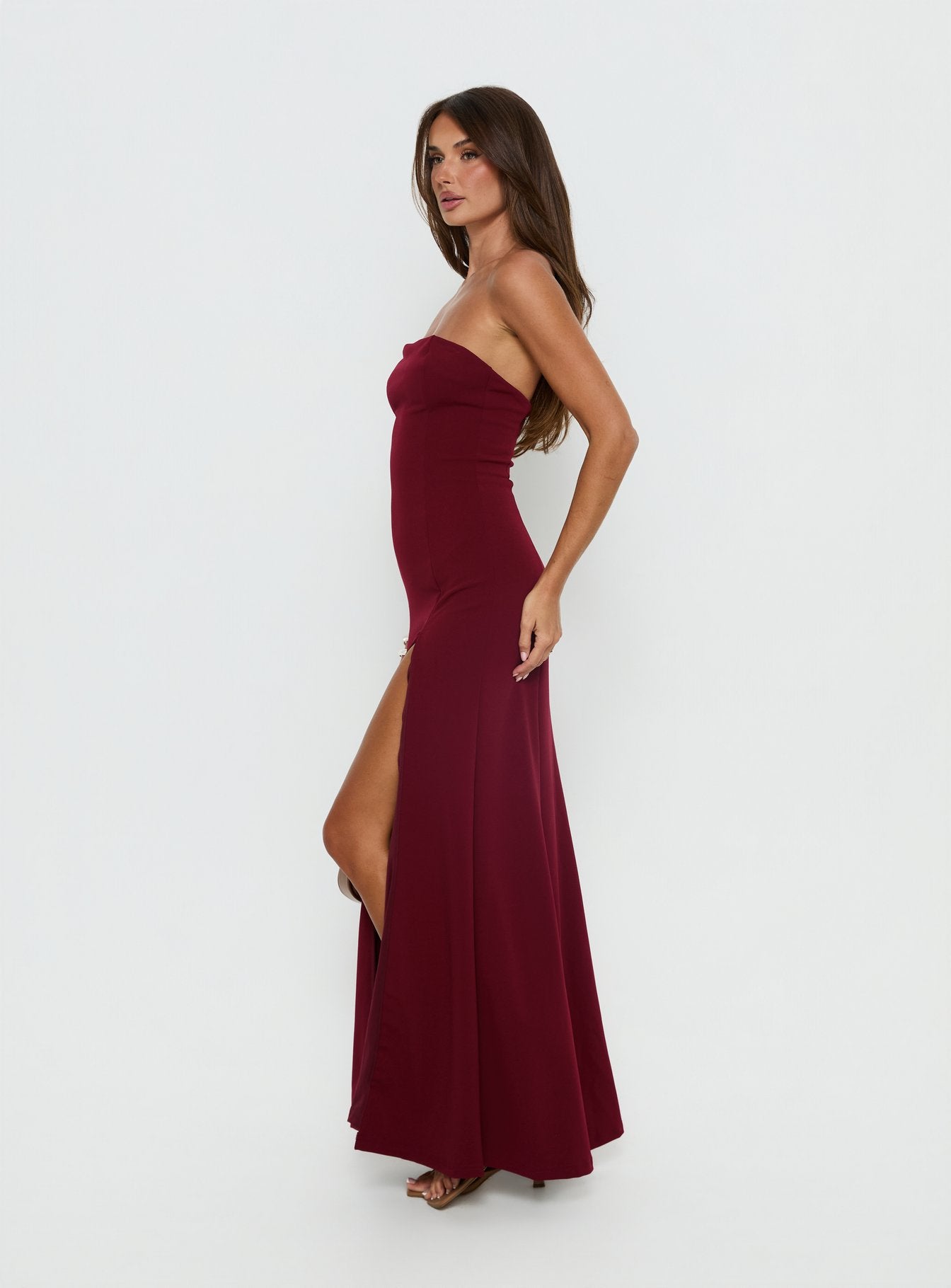 Diamanti Strapless High Slit Maxi Dress Burgundy - Image 4