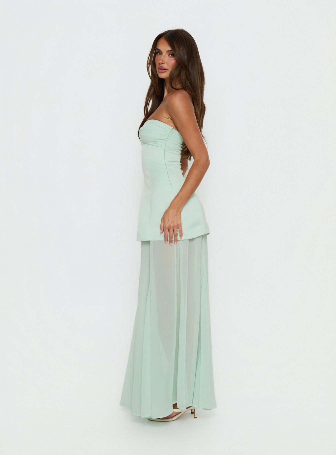 Flashy Sheer Chiffon Strapless Maxi Dress Green - Image 4