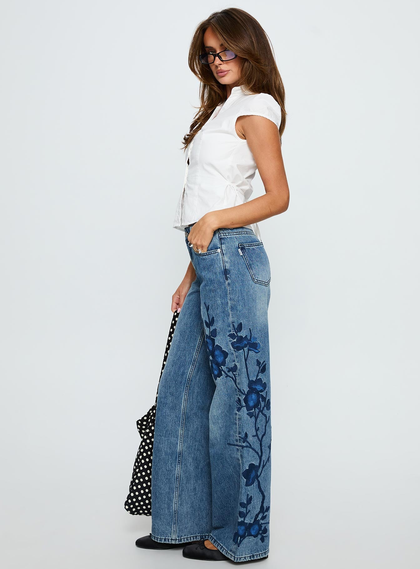 Sisterhood Mid Rise Wide Leg Patchwork Jeans Mid Blue Wash - Image 3