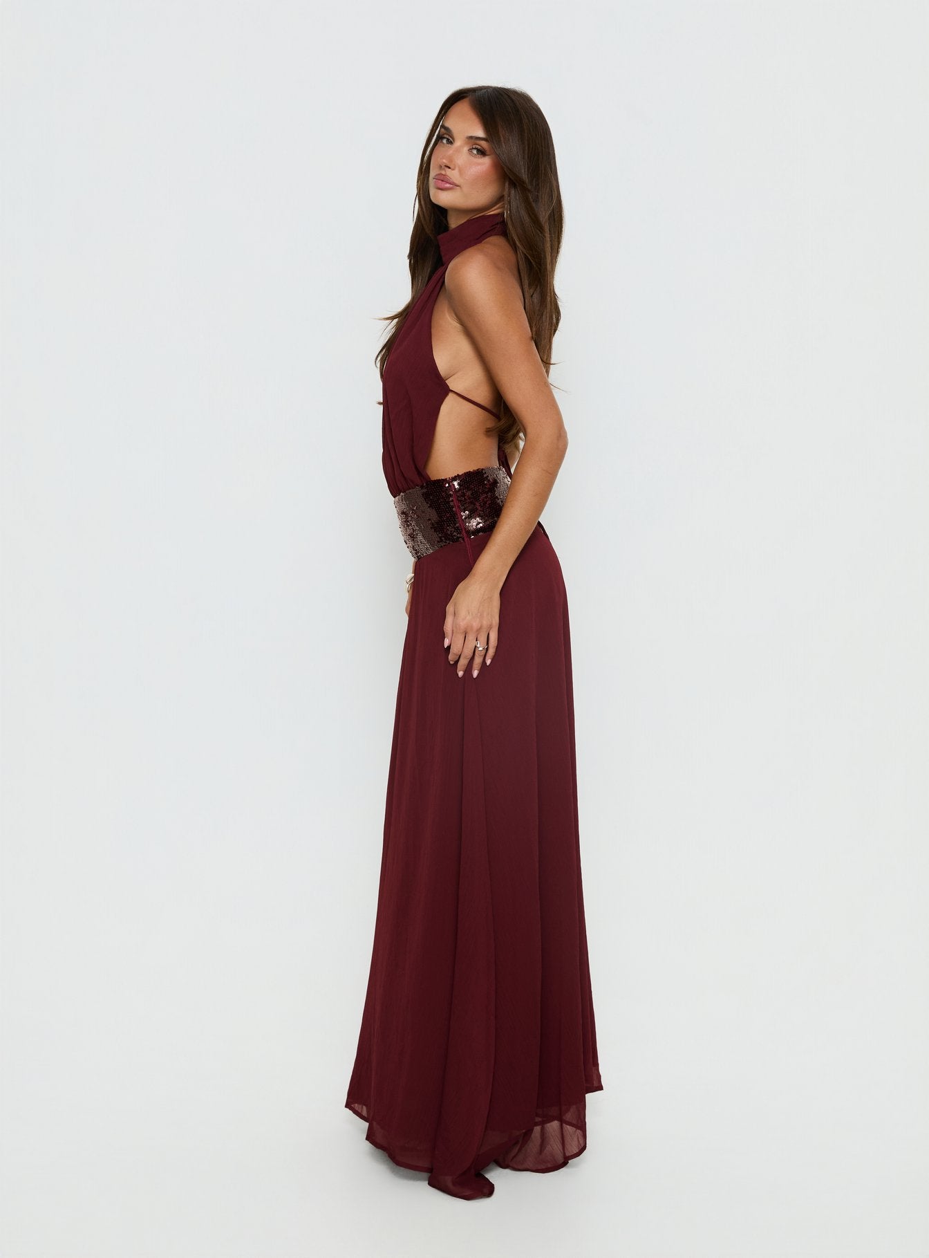 Darwinn Drop Waist Sequin Detail Maxi Dress Burgundy - Image 4