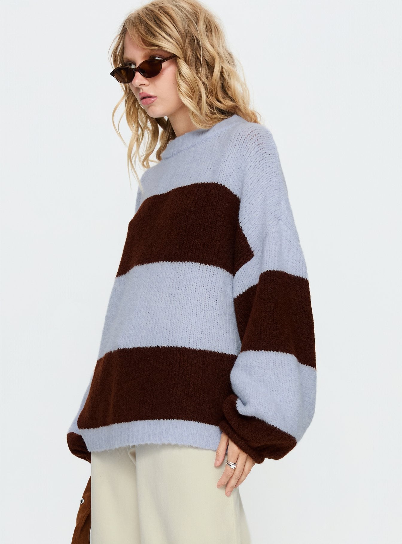 Bastien Crew Neck Knit Sweater Blue / Chocolate Stripe - Image 4