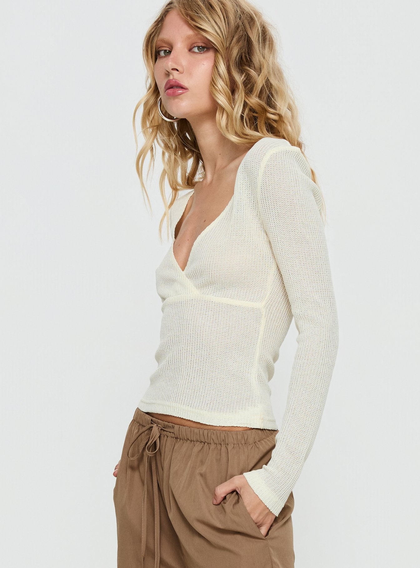 Cassidey Cross Front Long Sleeve Top Cream - Image 3