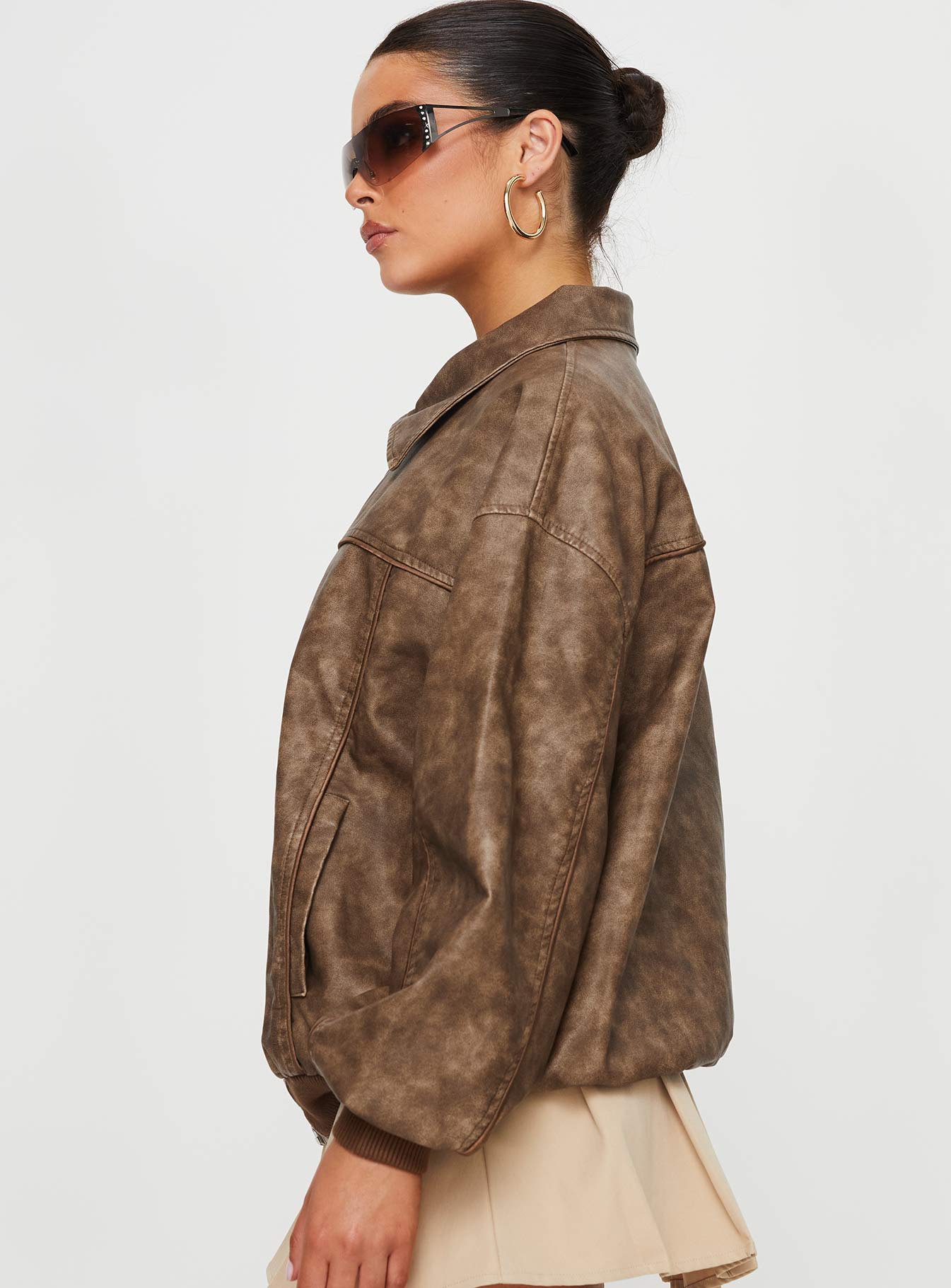 Goldsmith Faux Leather Bomber Jacket Washed Brown - Image 5