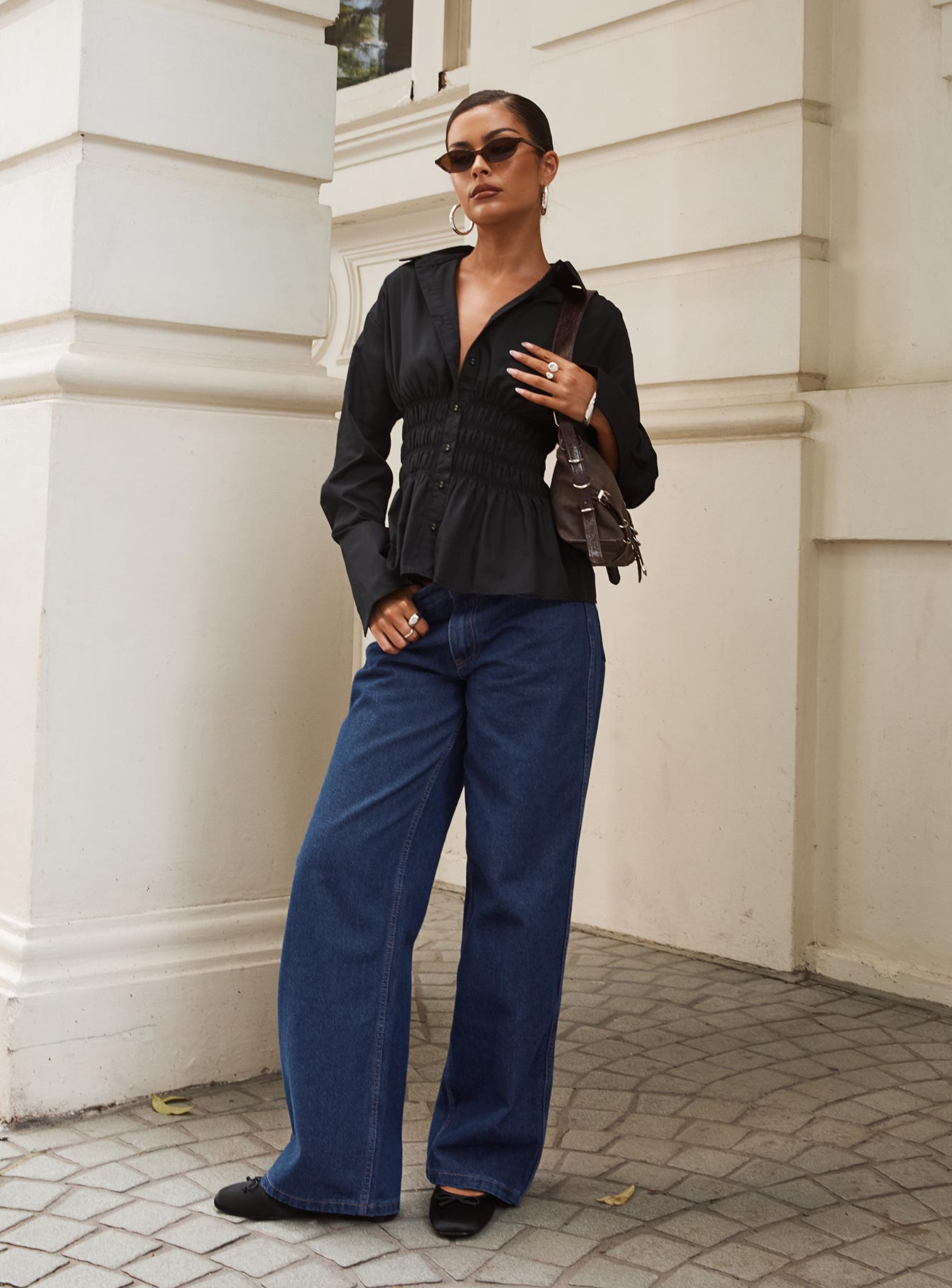 As You Are Shirred Button Up Top Black - Image 4