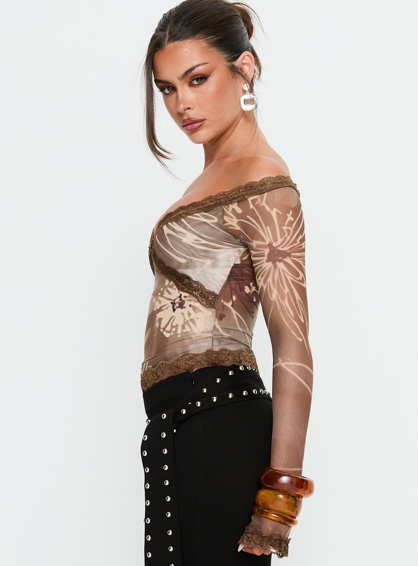 Katlyne Long Sleeve Lace Trim Top Brown Floral - Image 4
