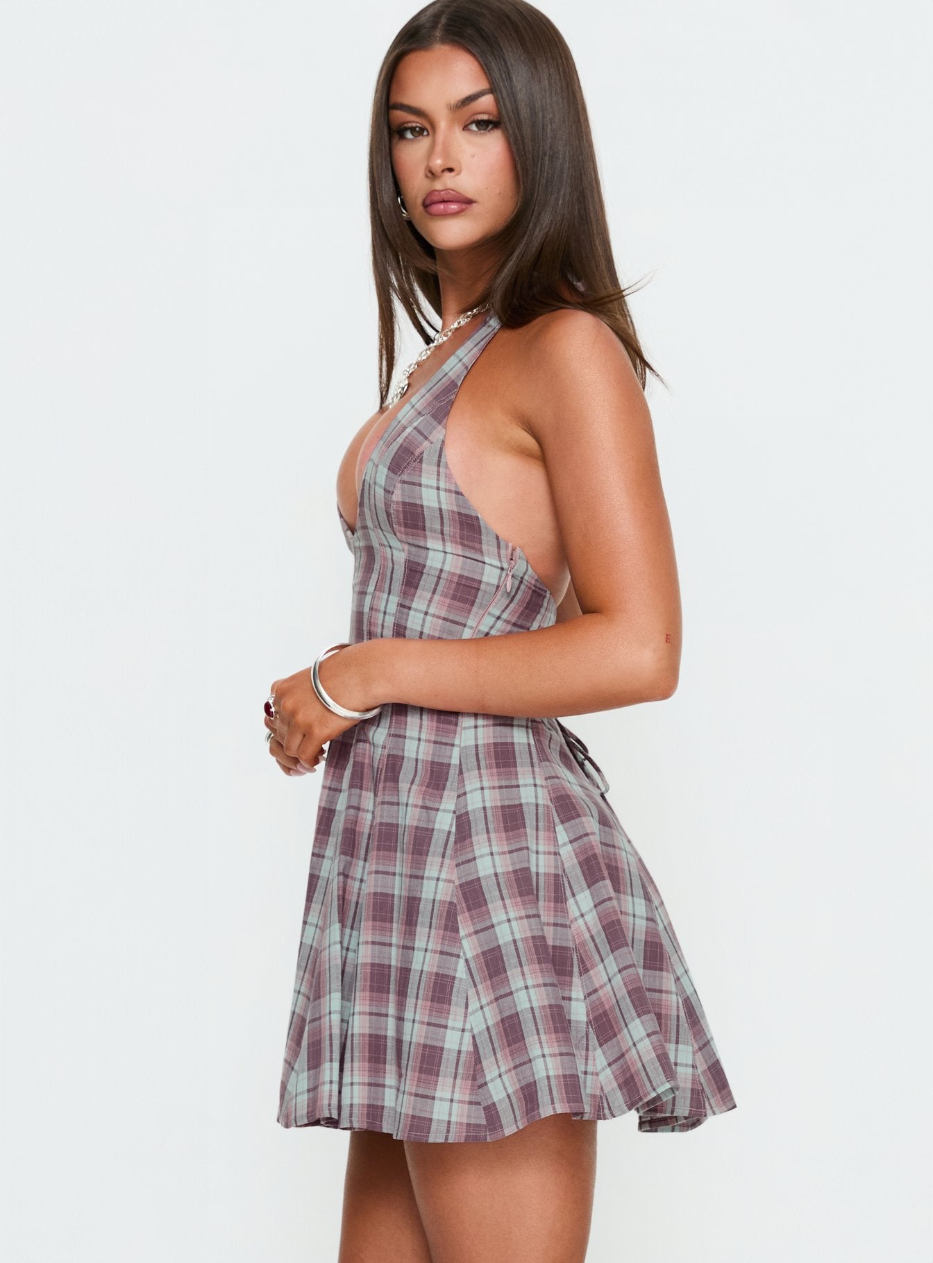 Out Of Nowhere Halter Mini Dress Burgundy / Pink Check - Image 4