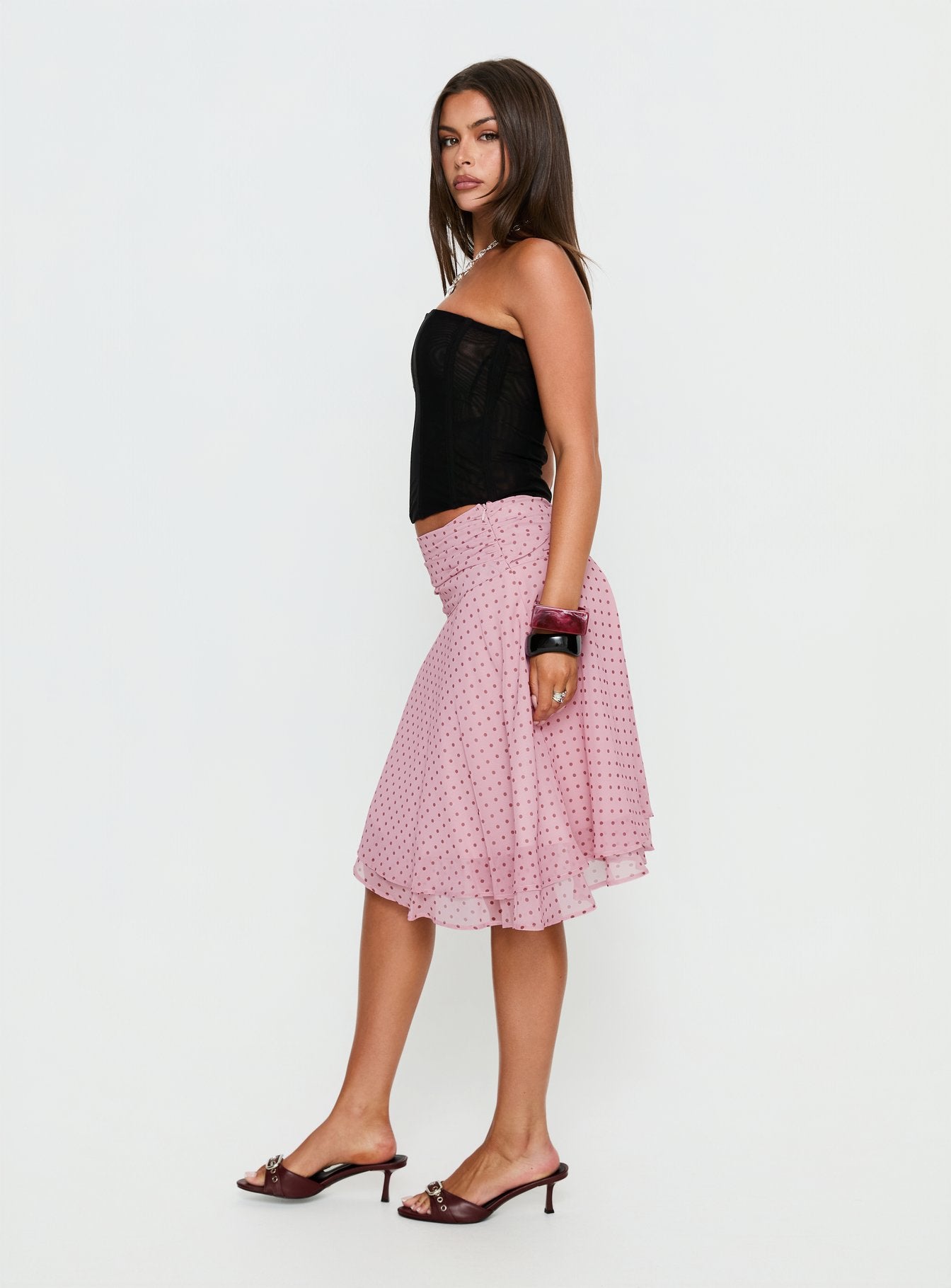 Evanescence Asymmetrical Midi Skirt Pink Polka Dot - Image 4