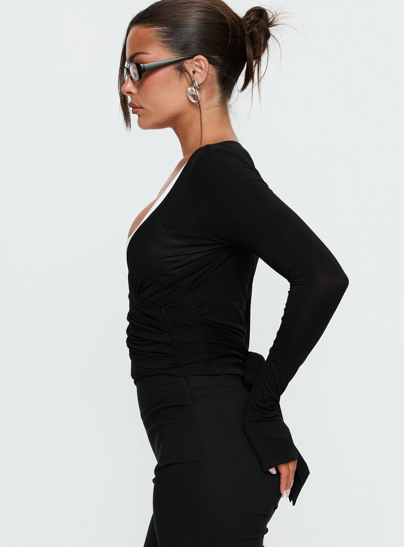 Sylka Long Sleeve Jersey Wrap Top Black - Image 4