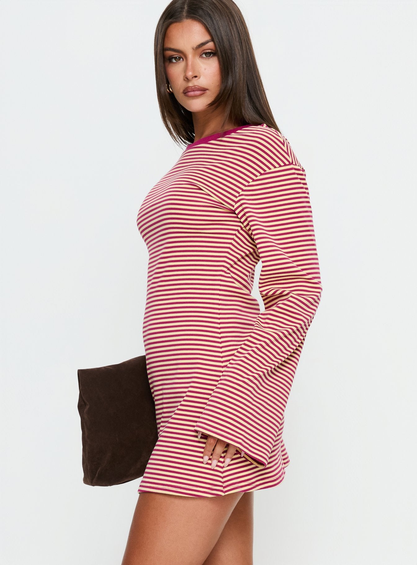 Lulolah Long Sleeve Mini Dress Lemon / Burgundy Stripe - Image 4