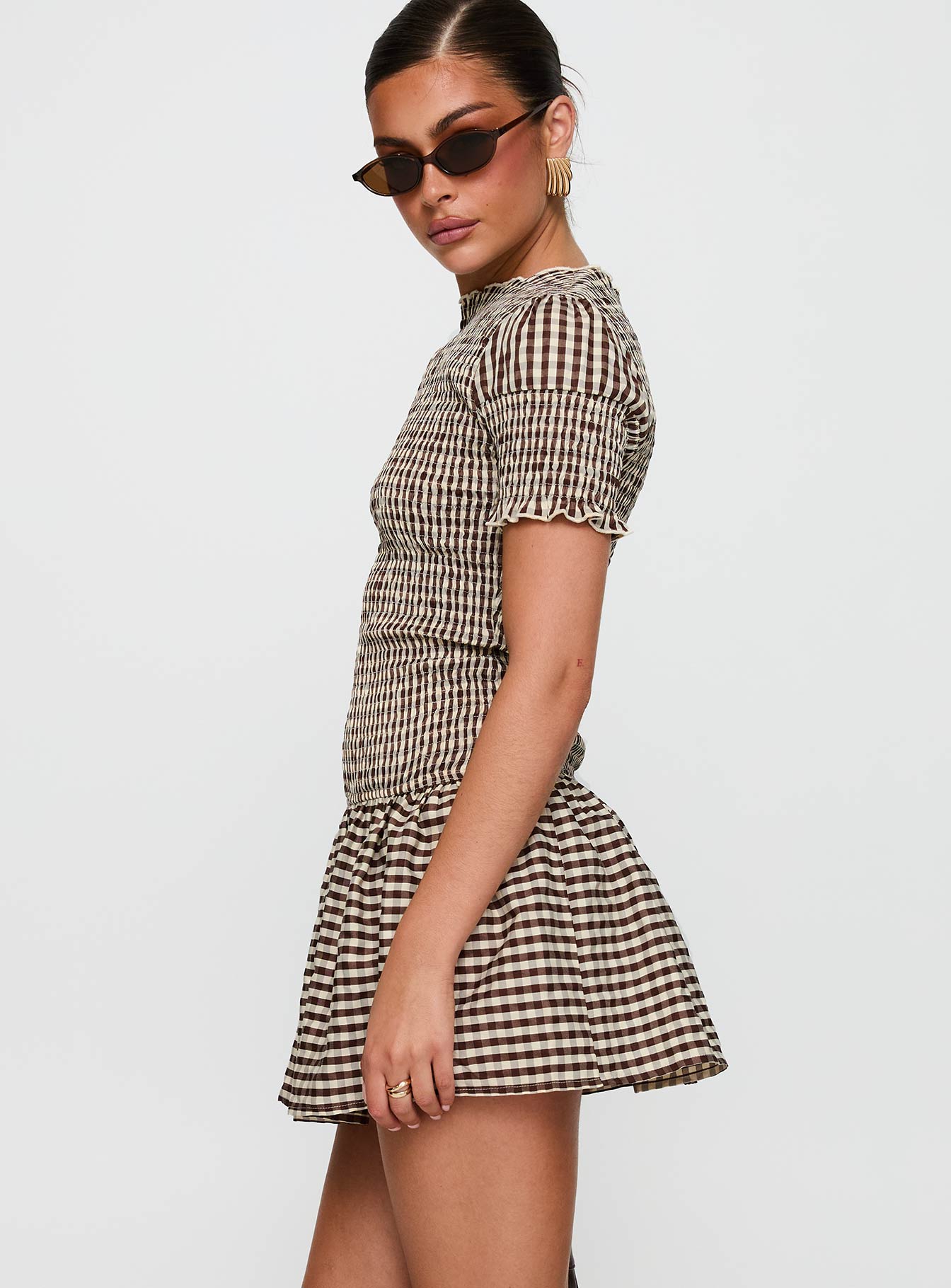 Laurita Shirred Mini Dress Brown Check - Image 4