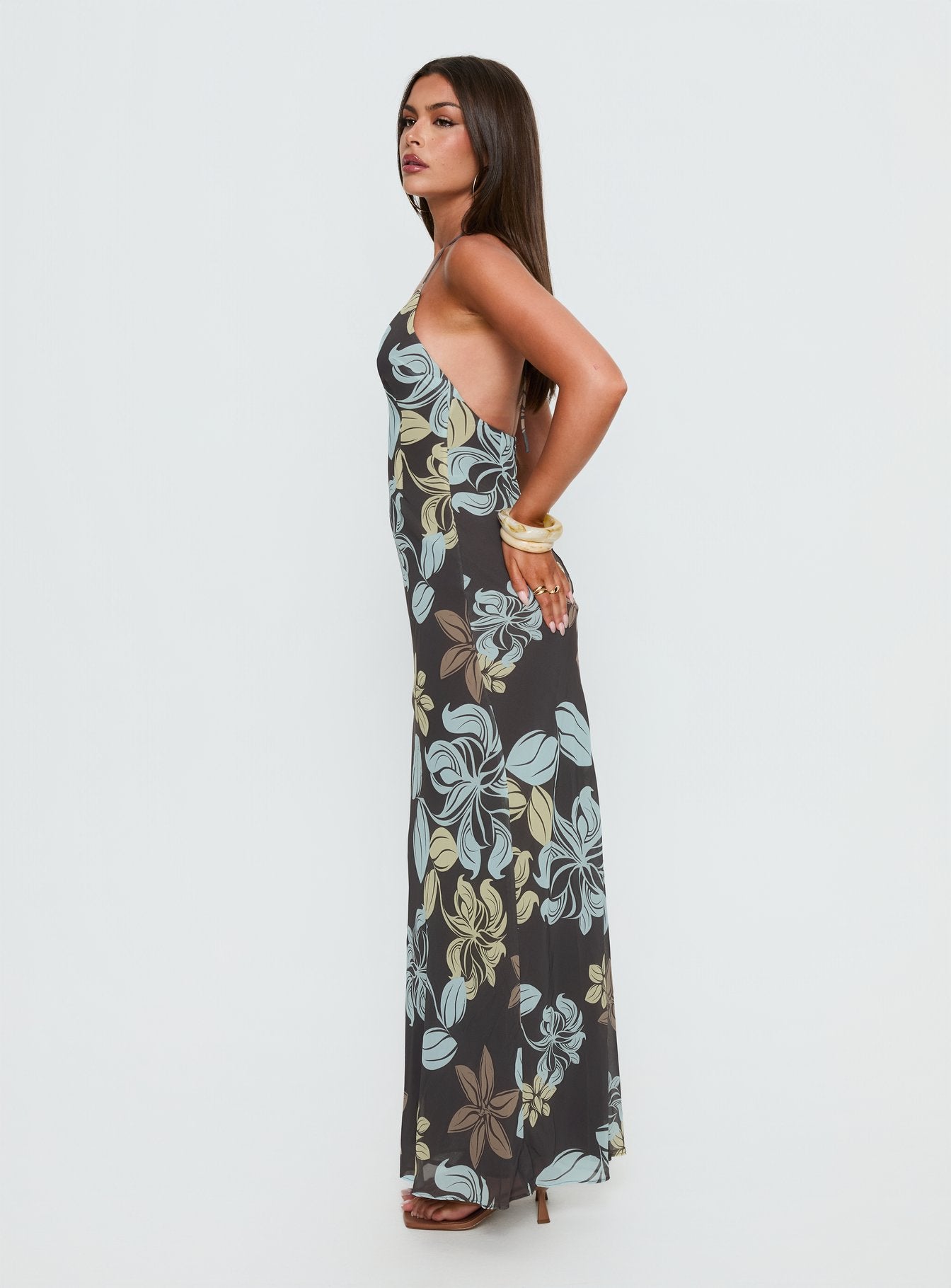 Esmira Halter Maxi Dress Chocolate / Blue Floral - Image 3