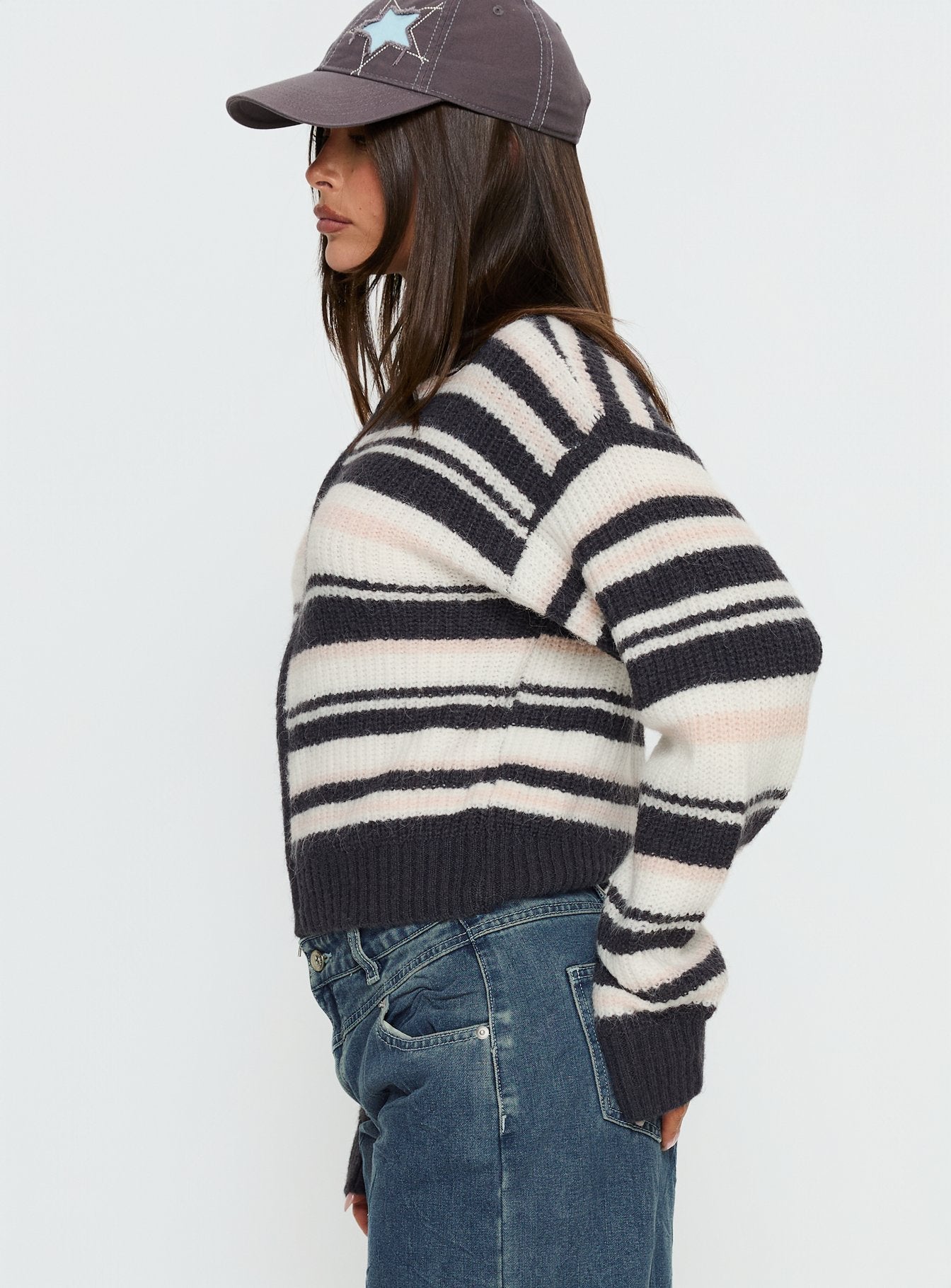 Tetra Zip Through Knit Sweater Pink Stripe - Image 3