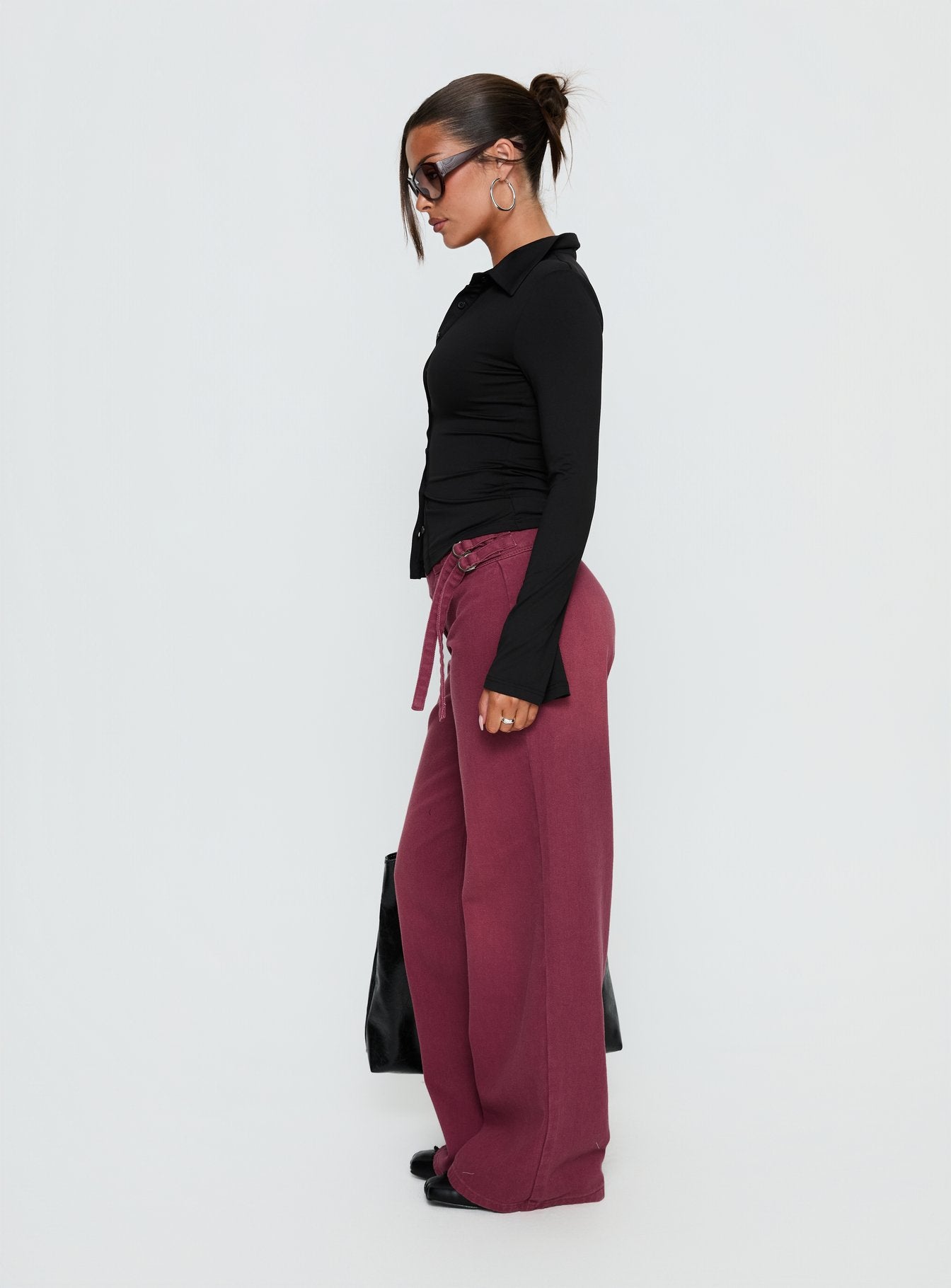 Boxie Mid Rise Wide Leg Jeans Washed Burgundy - Image 4