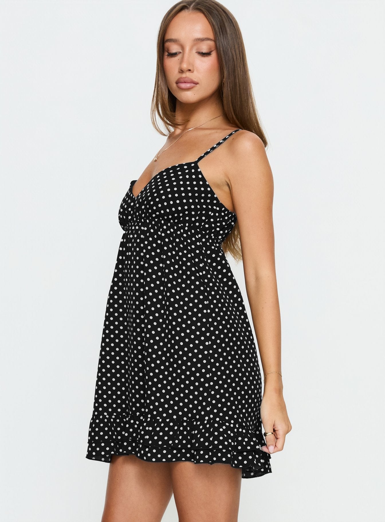Casee V Neck Frill Mini Dress Black Polka Dot - Image 4