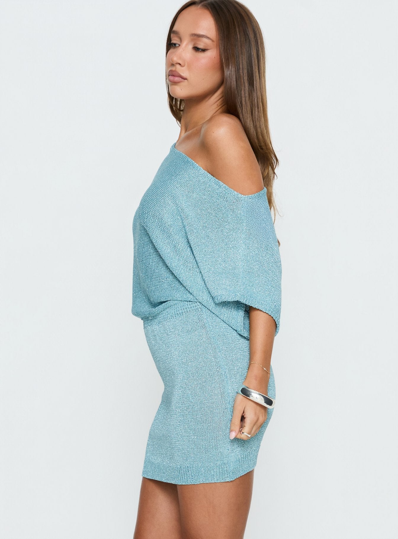Kysa Off Shoulder Knit Mini Dress Ocean Blue - Image 3