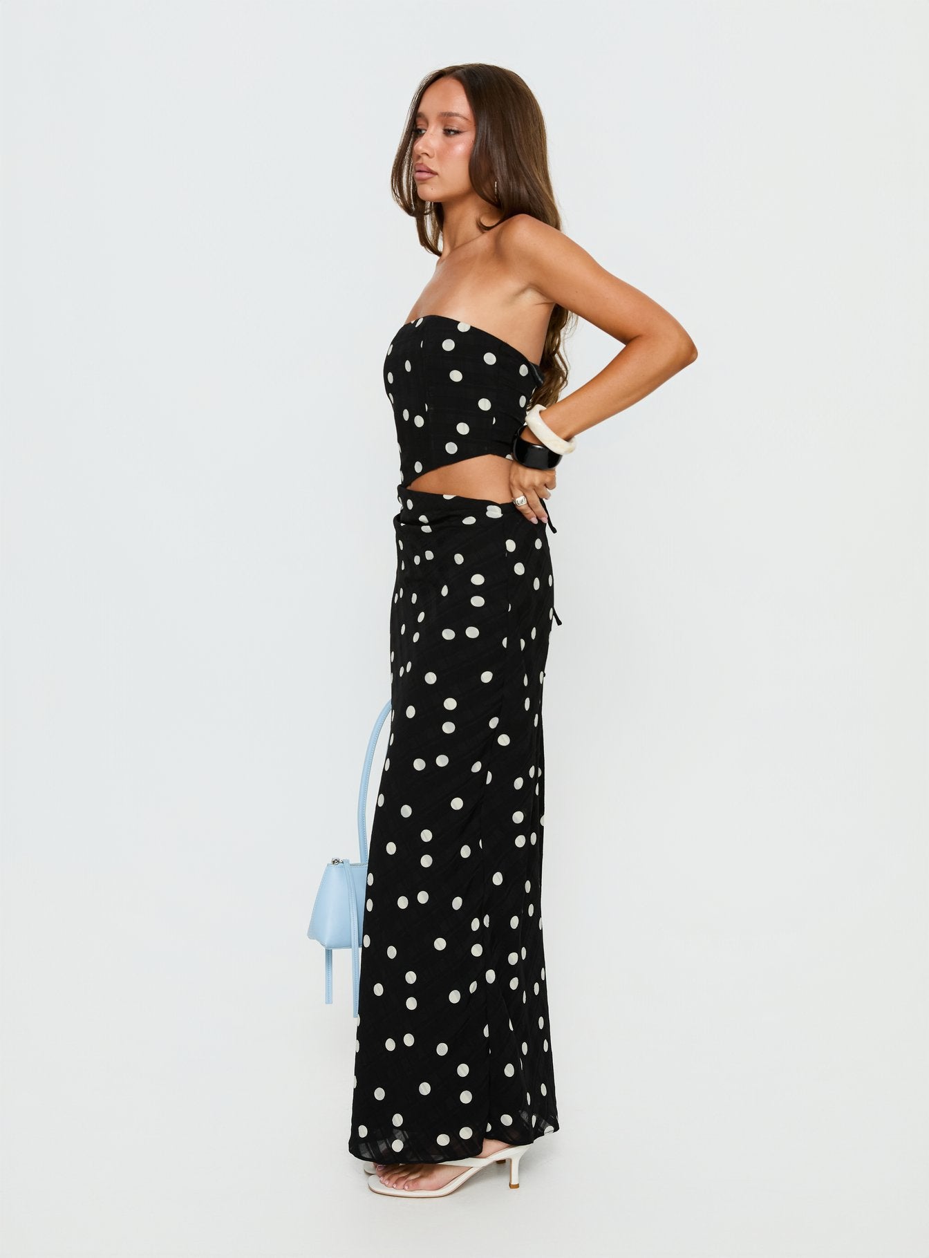 Jasira Strapless Drape Maxi Dress Black Polka Dot - Image 4