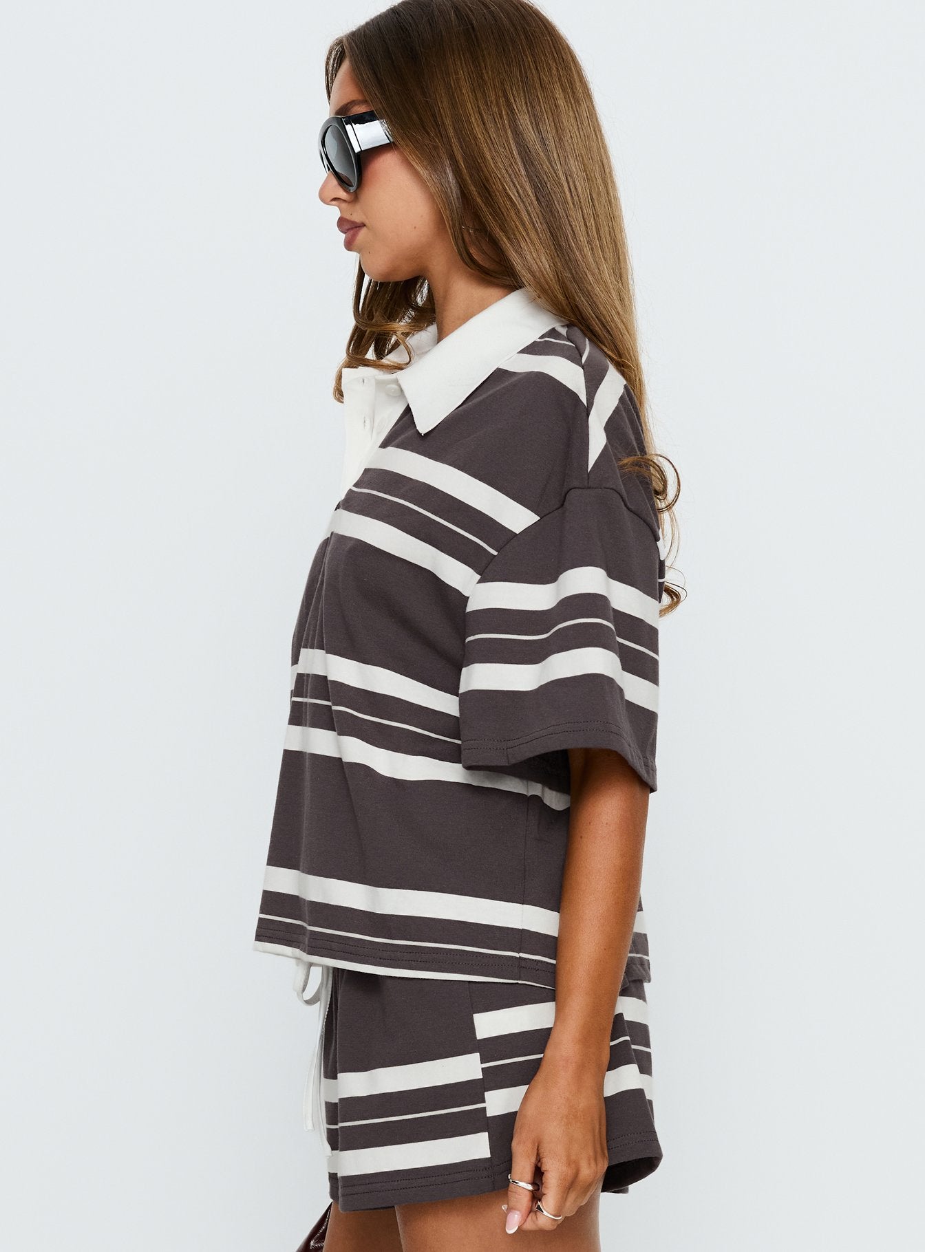 Aaren Boxy Polo Top Brown Stripe - Image 4