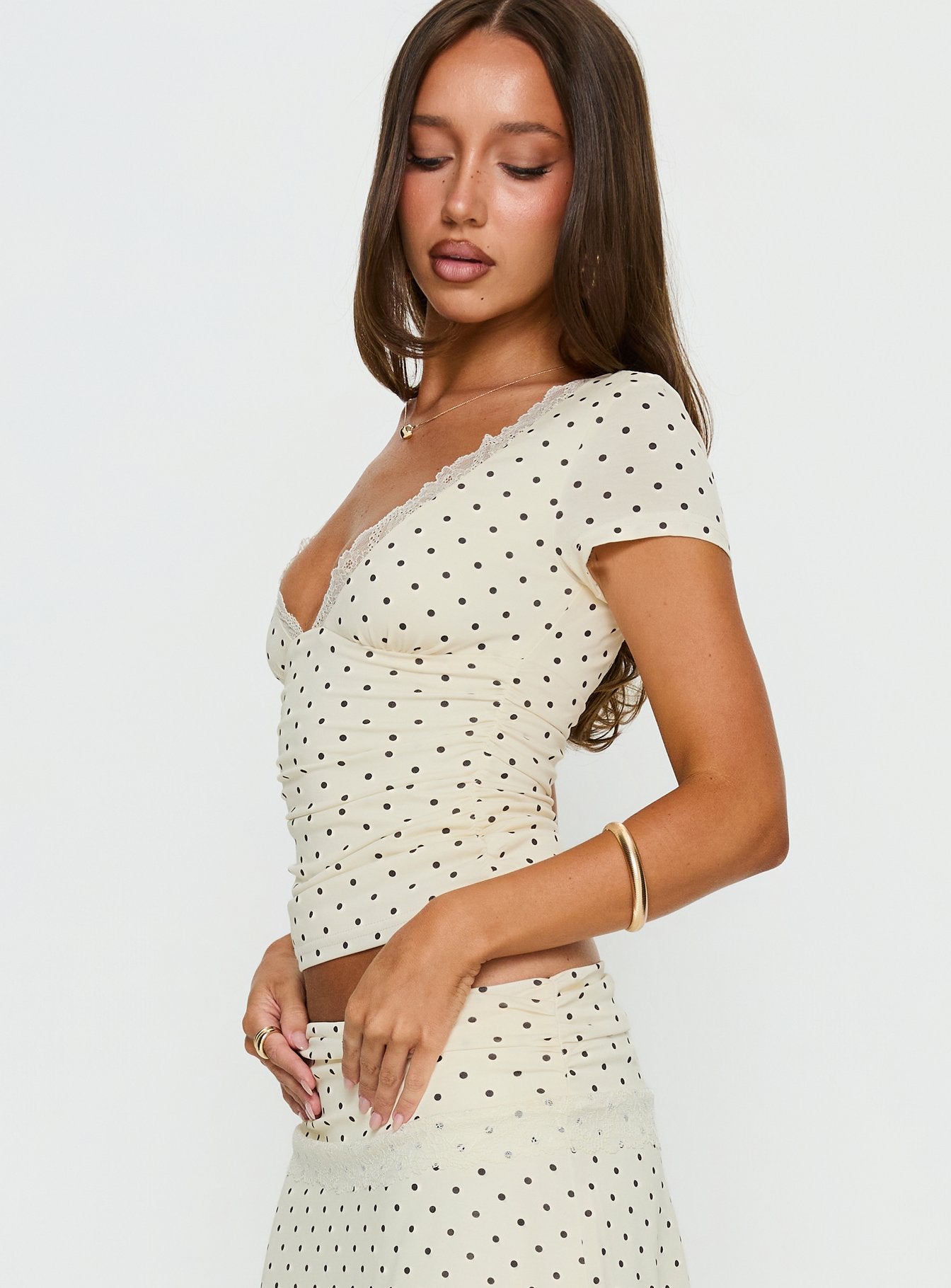 Amia Lace V Neck Top Cream Polka Dot - Image 4