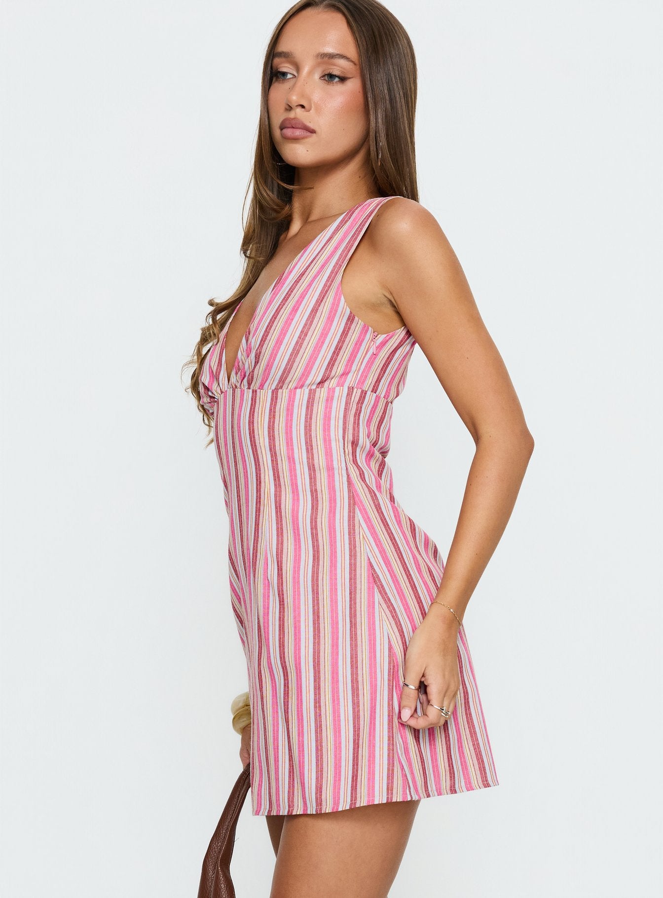 Daphney Plunge Mini Dress Pink Stripe - Image 3
