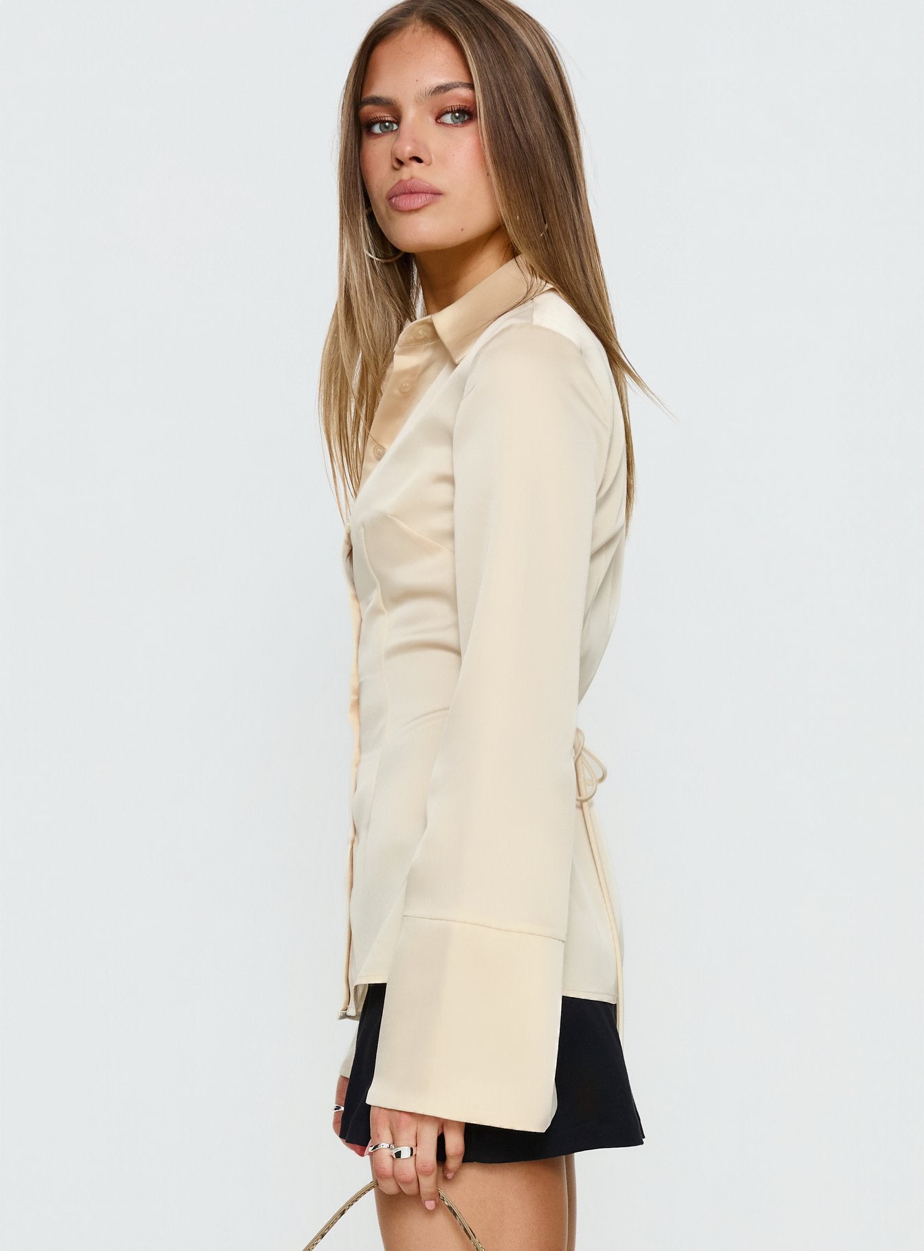 Emalona Long Sleeve Satin Top Cream - Image 4