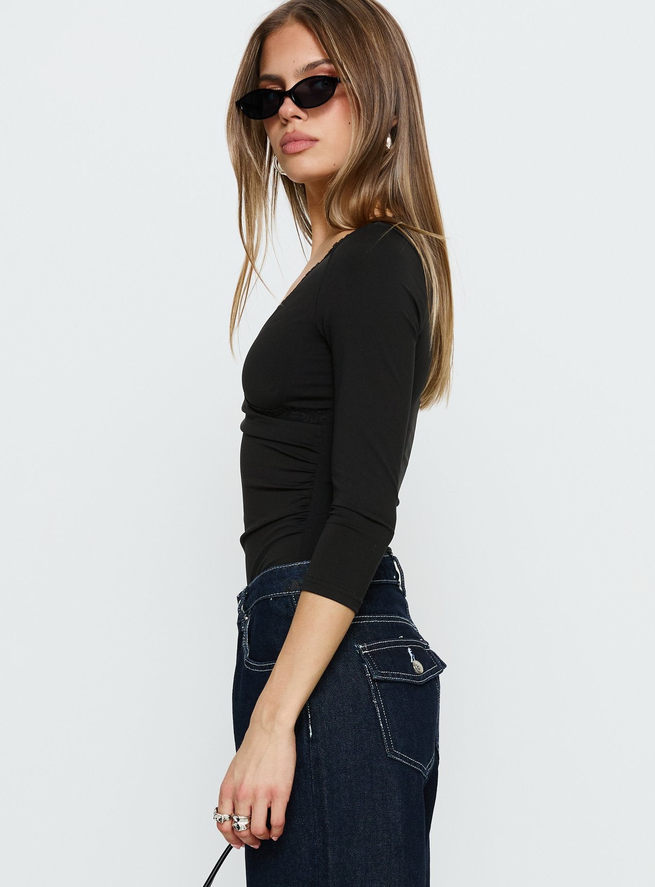 Lyselle Wrap Detail 3/4 Sleeve Bodysuit Black - Image 3