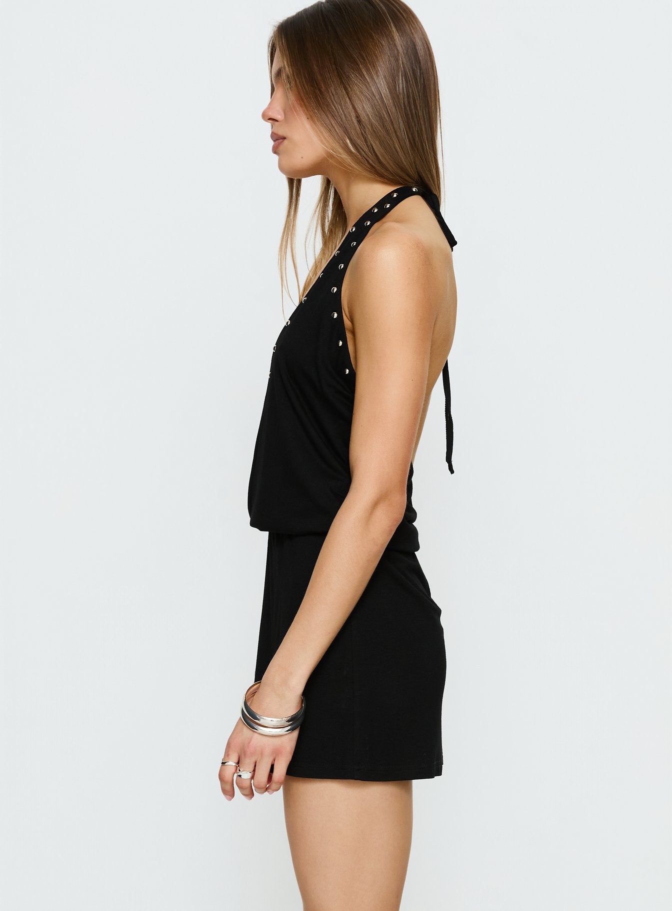 Amary Stud Detail Halter Playsuit Black - Image 4