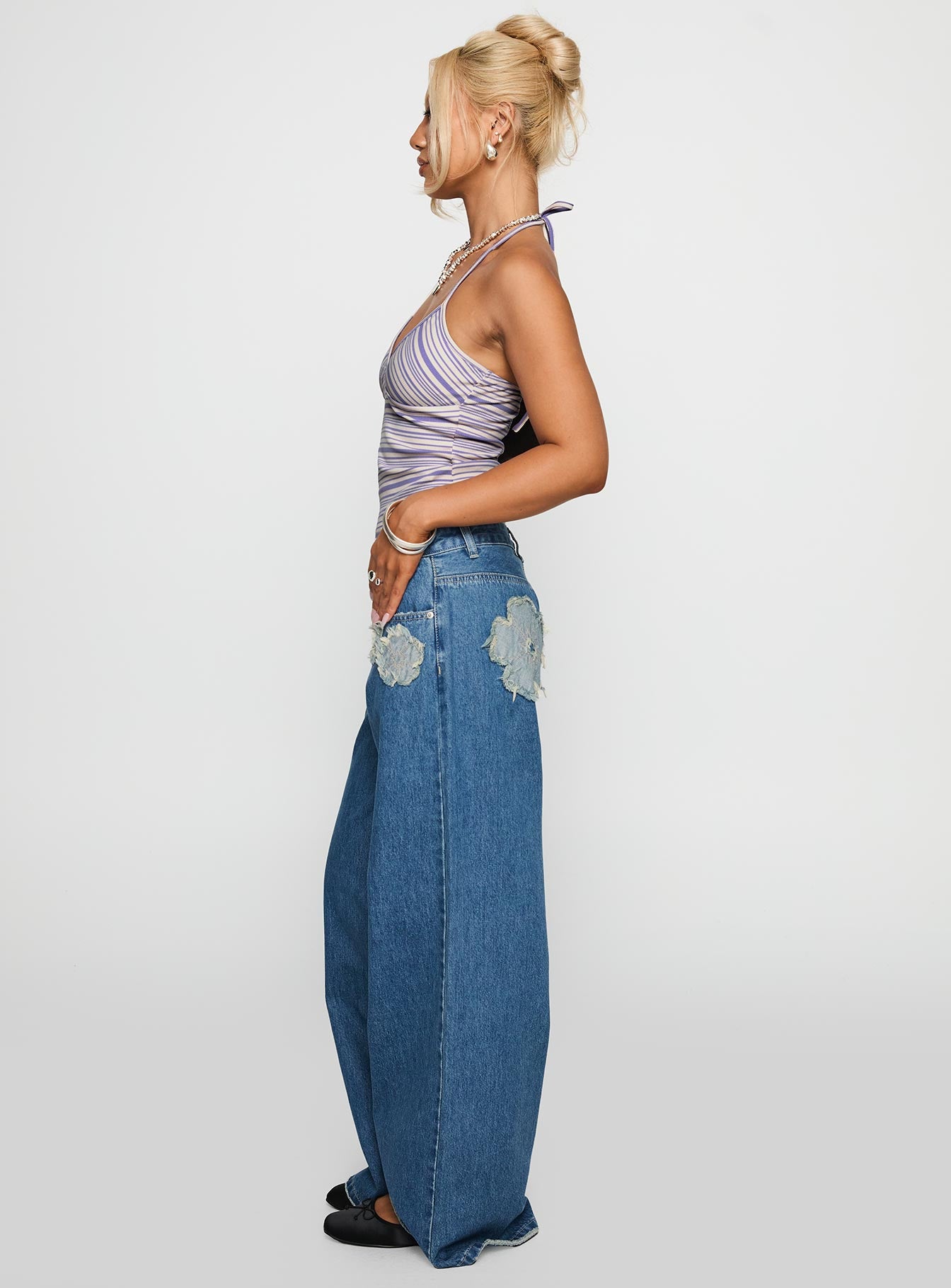 A Keeper Flower Patch Low Rise Wide Leg Jeans Mid Blue - Image 4
