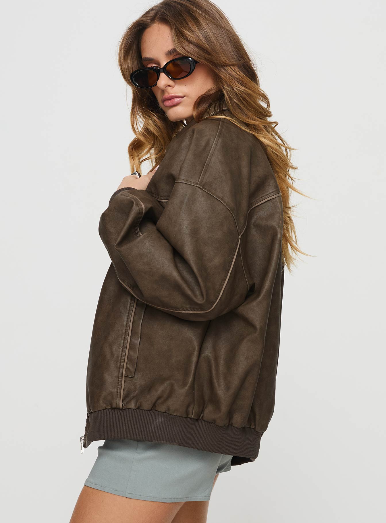 Goldsmith Faux Leather Bomber Jacket Washed Dark Brown - Image 4