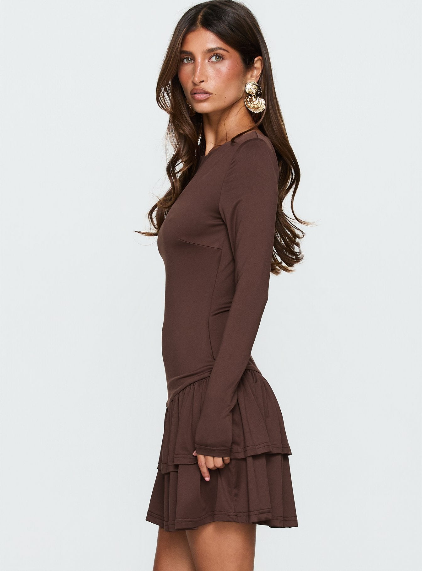 Mallissa Long Sleeve Ruffled Mini Dress Brown - Image 3