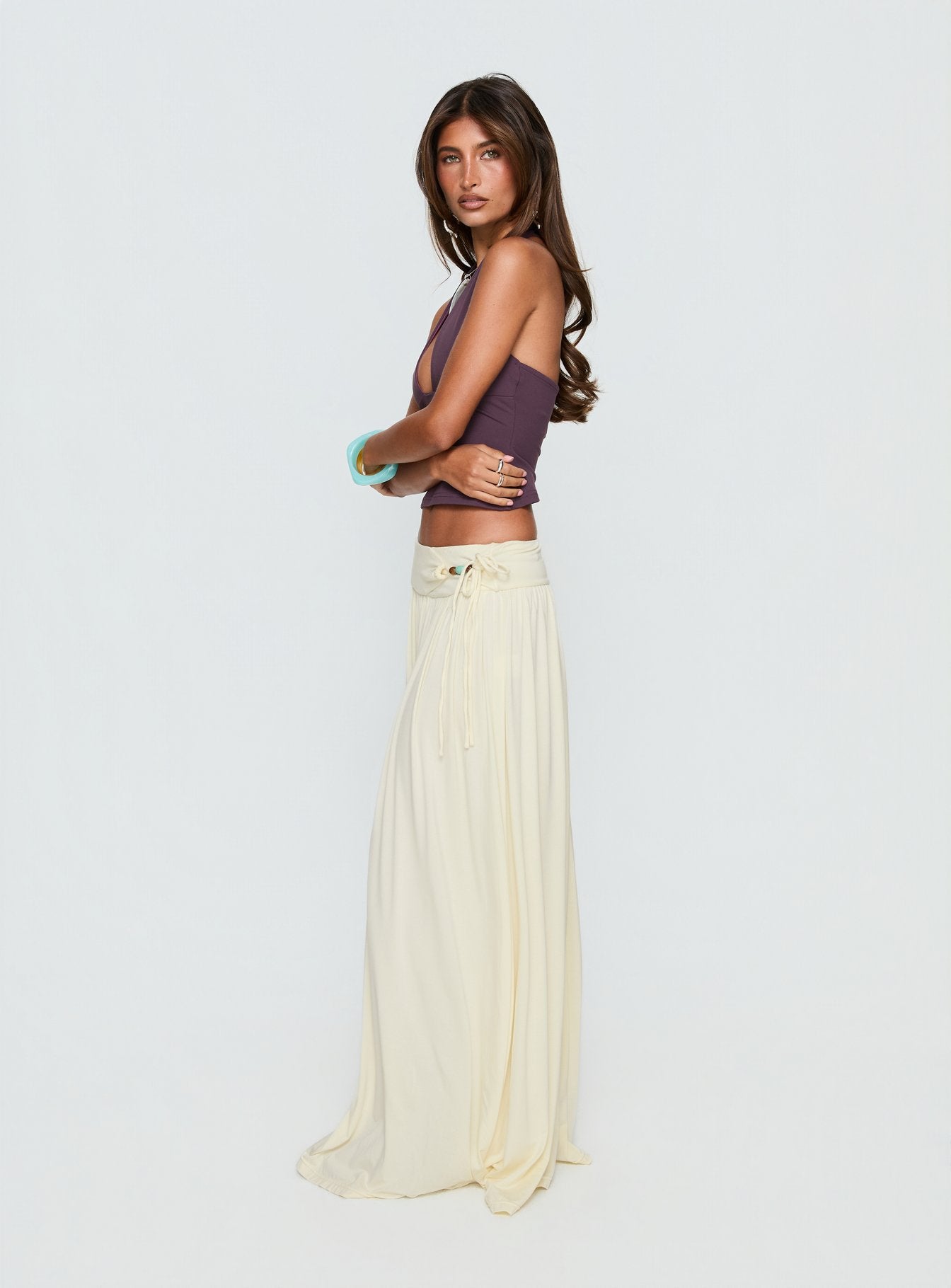 Velvet Storm Tie Detail Flowy Maxi Skirt Cream - Image 4