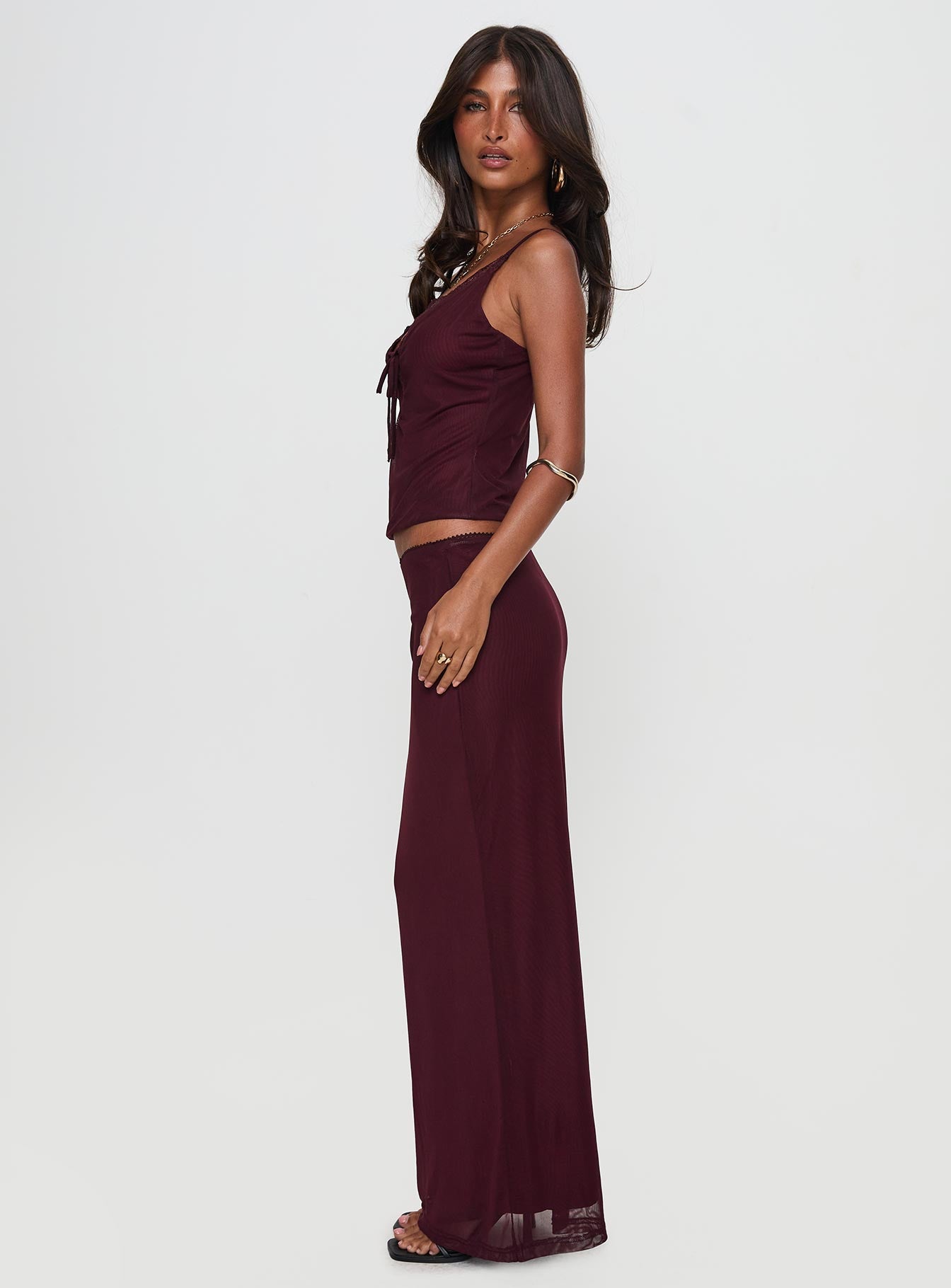 Reiko Lace Trim Tie Front Maxi Set Burgundy - Image 3