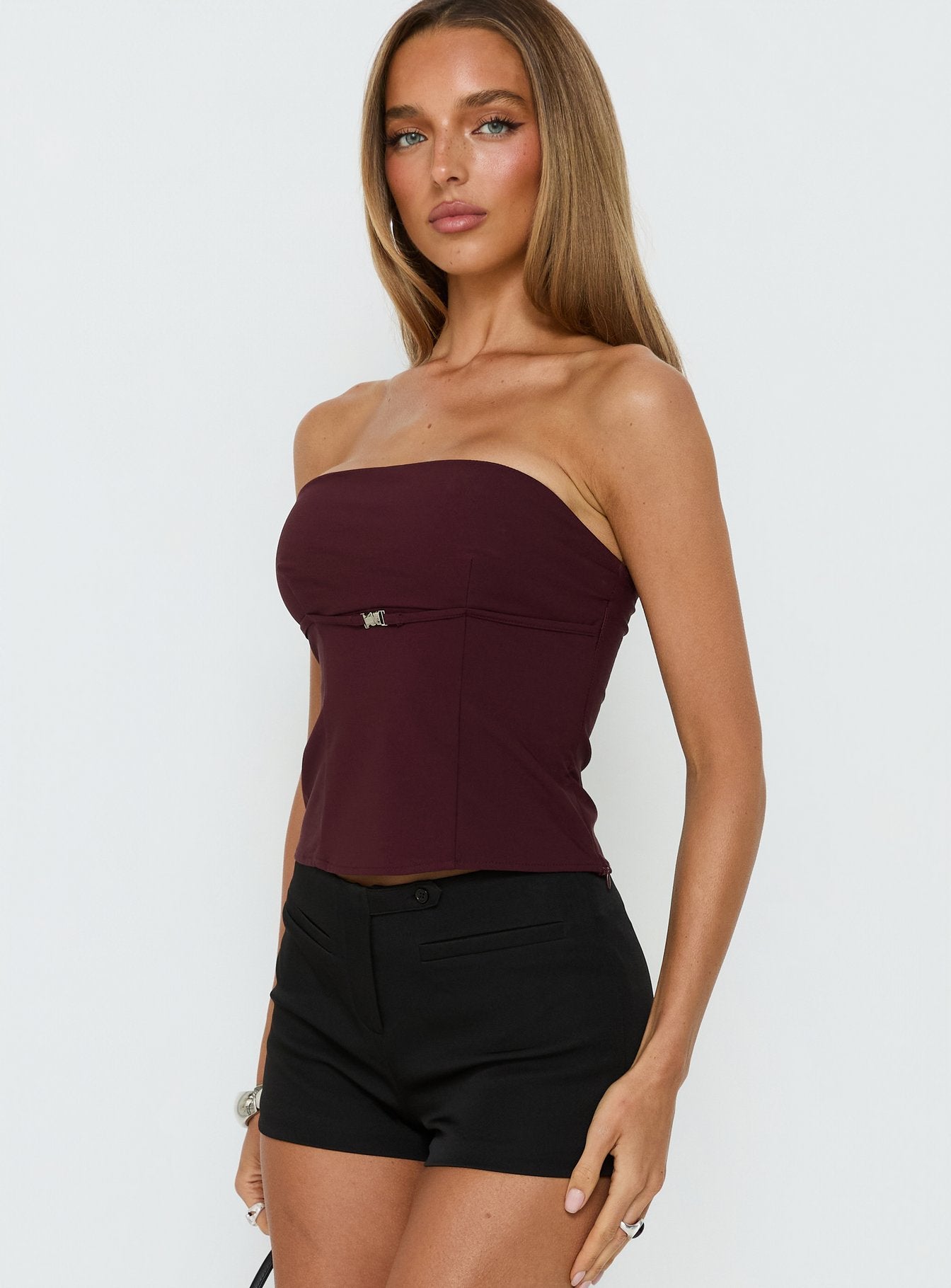 Flounce Strapless Top Plum - Image 4