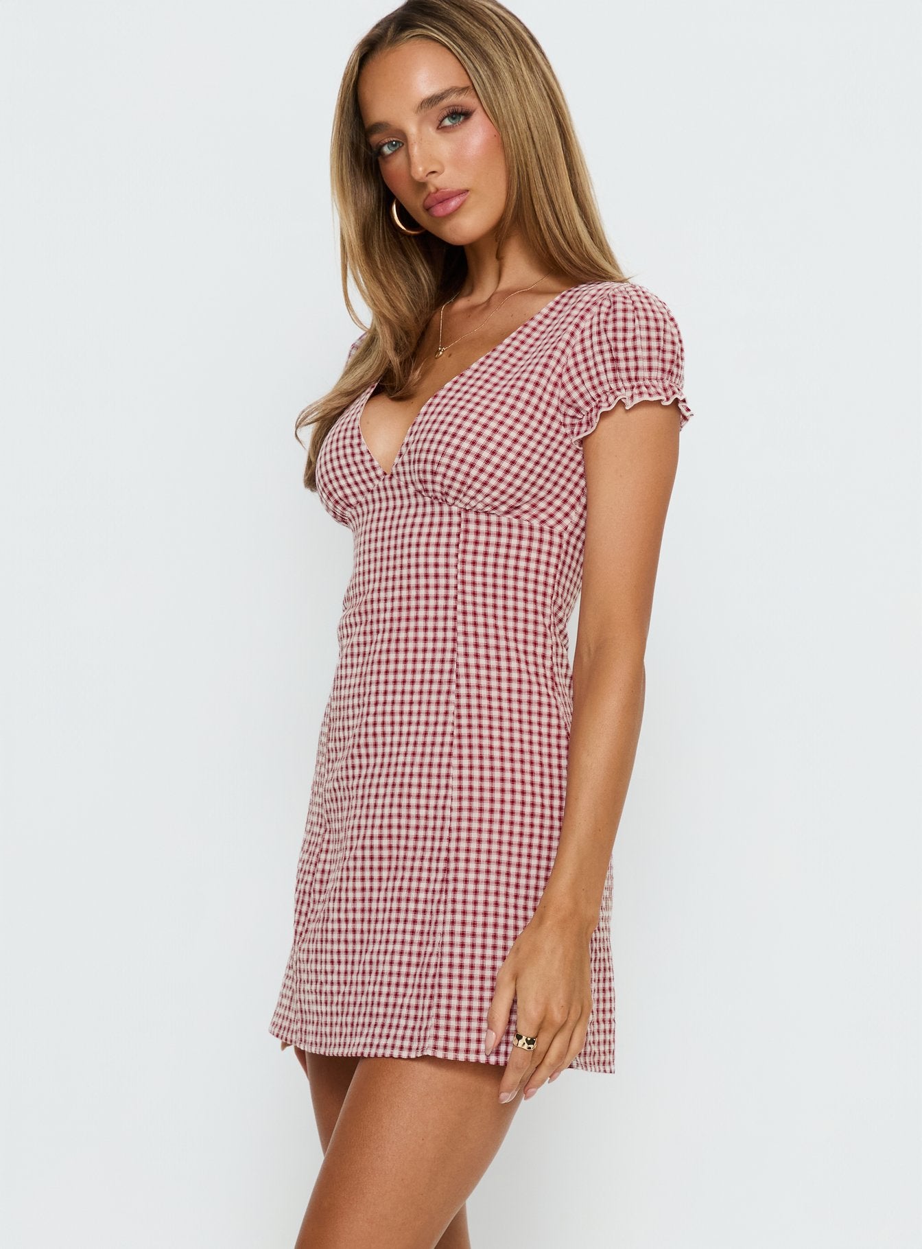 Mystee Plunge Neck Playsuit Burgundy Gingham - Image 4