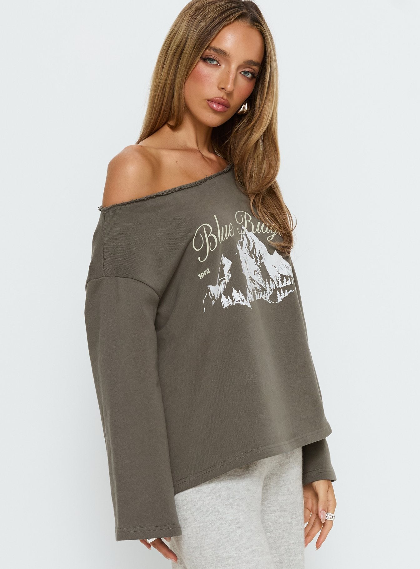 Blue Ridge Mountains Off Shoulder Graphic Sweater Grey - Image 4