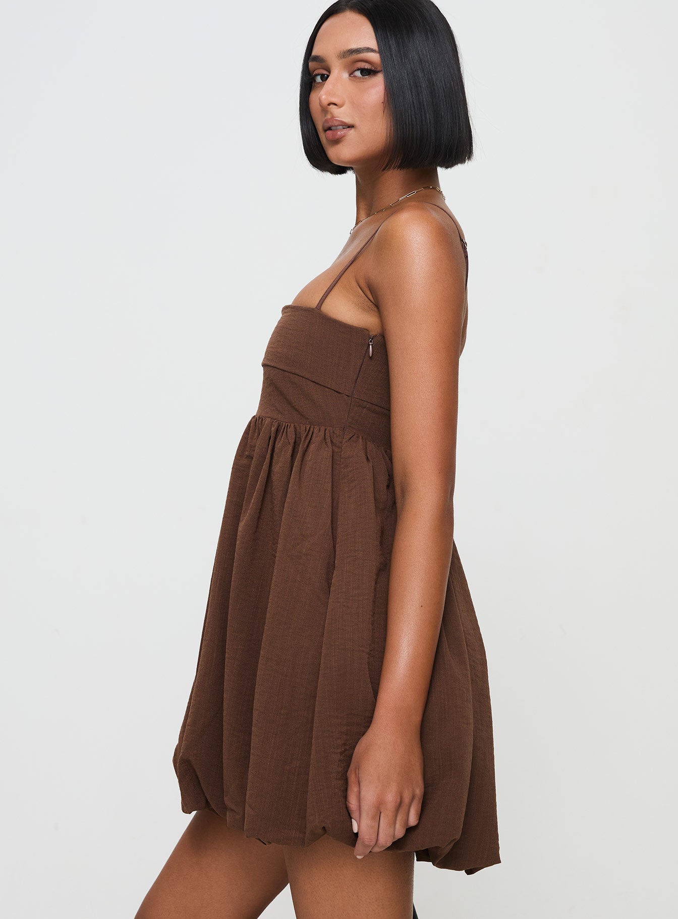 Layken Bubble Hem Mini Dress Chocolate Tall - Image 4