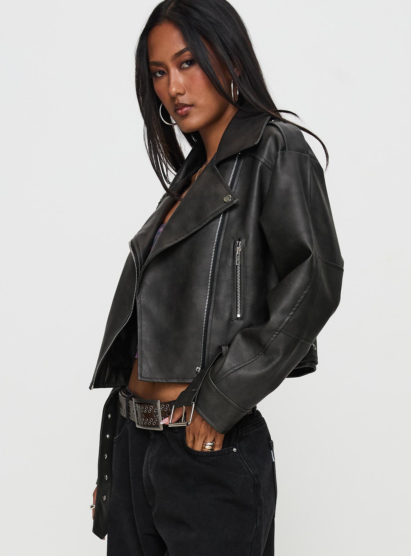 Face The Wind Faux Leather Jacket Grey - Image 3