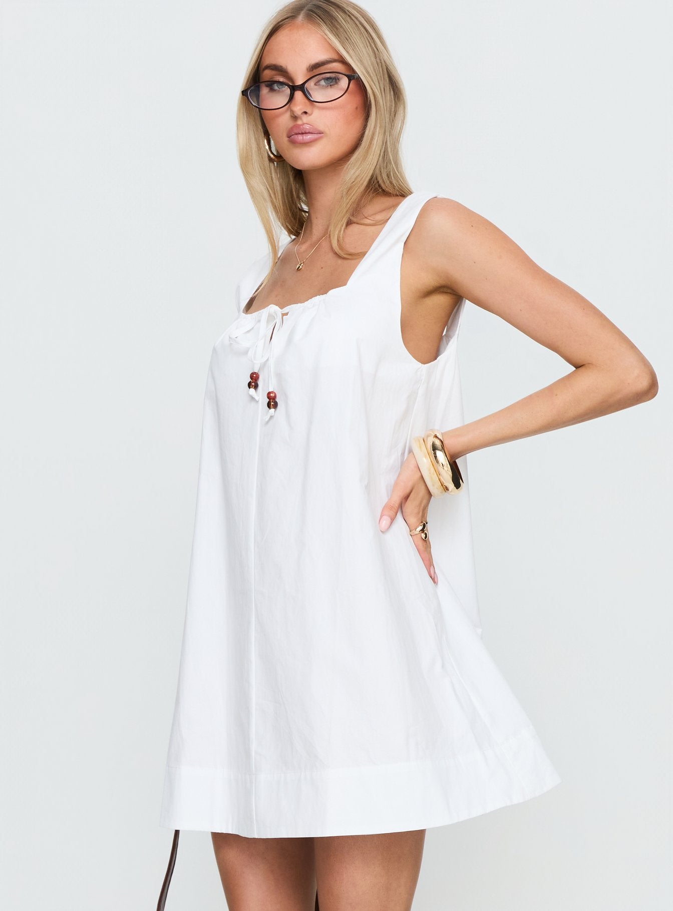 Barbel Square Neck Tie Detail Mini Dress White - Image 4