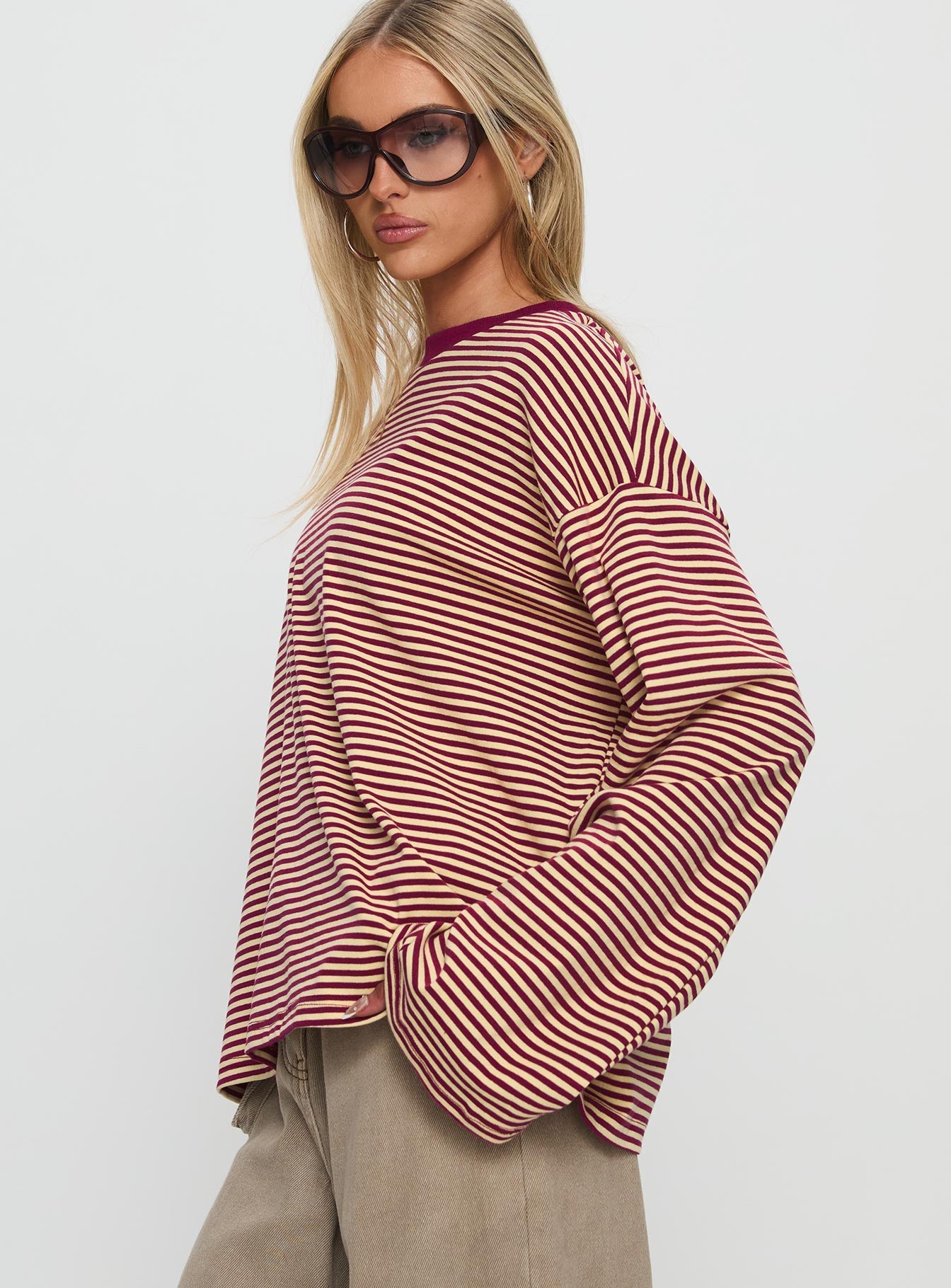 Settle Down Long Sleeve Top Lemon / Burgundy Stripe - Image 4