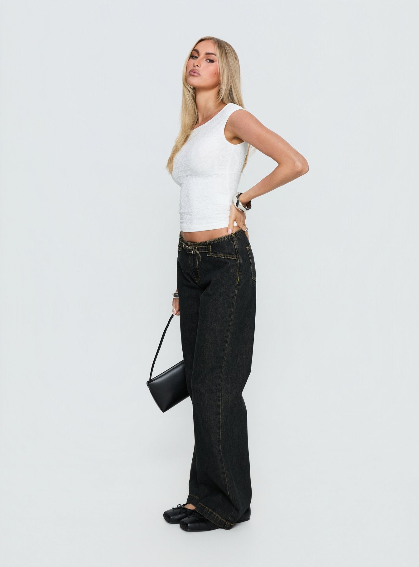 Slow Ride Mid Rise Bootleg Belted Jeans Grunge Wash - Image 4