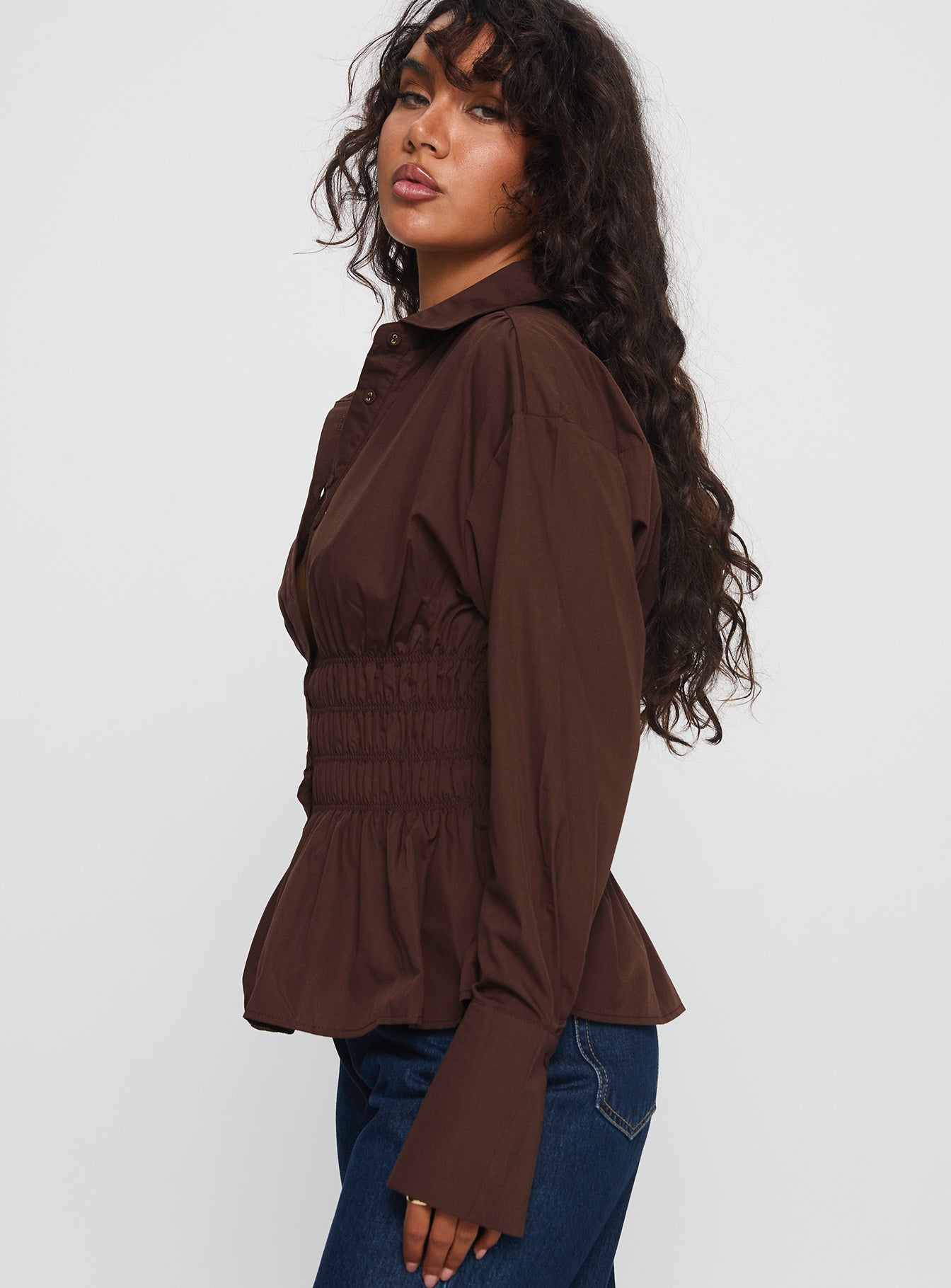As You Are Shirred Button Up Top Chocolate - Image 5