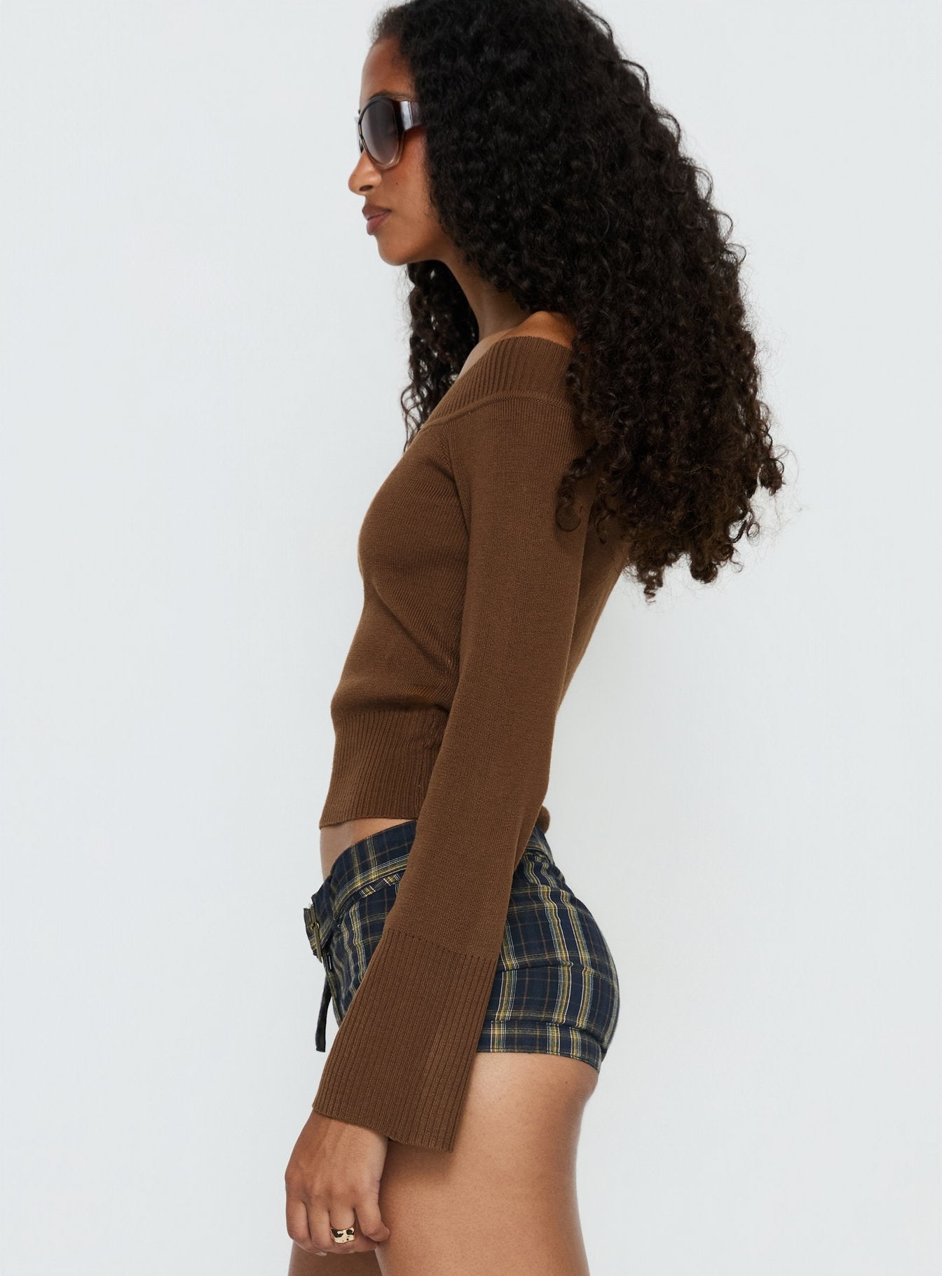 Perrey Long Sleeve Off Shoulder Knit Top Brown - Image 3
