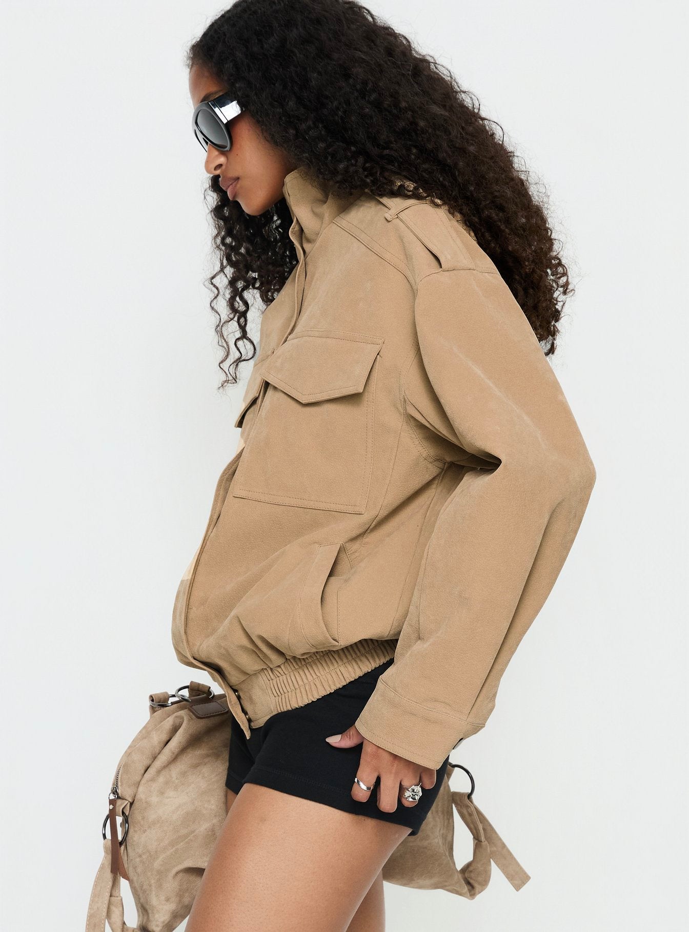 Double Life Funnel Neck Cargo Jacket Beige - Image 4