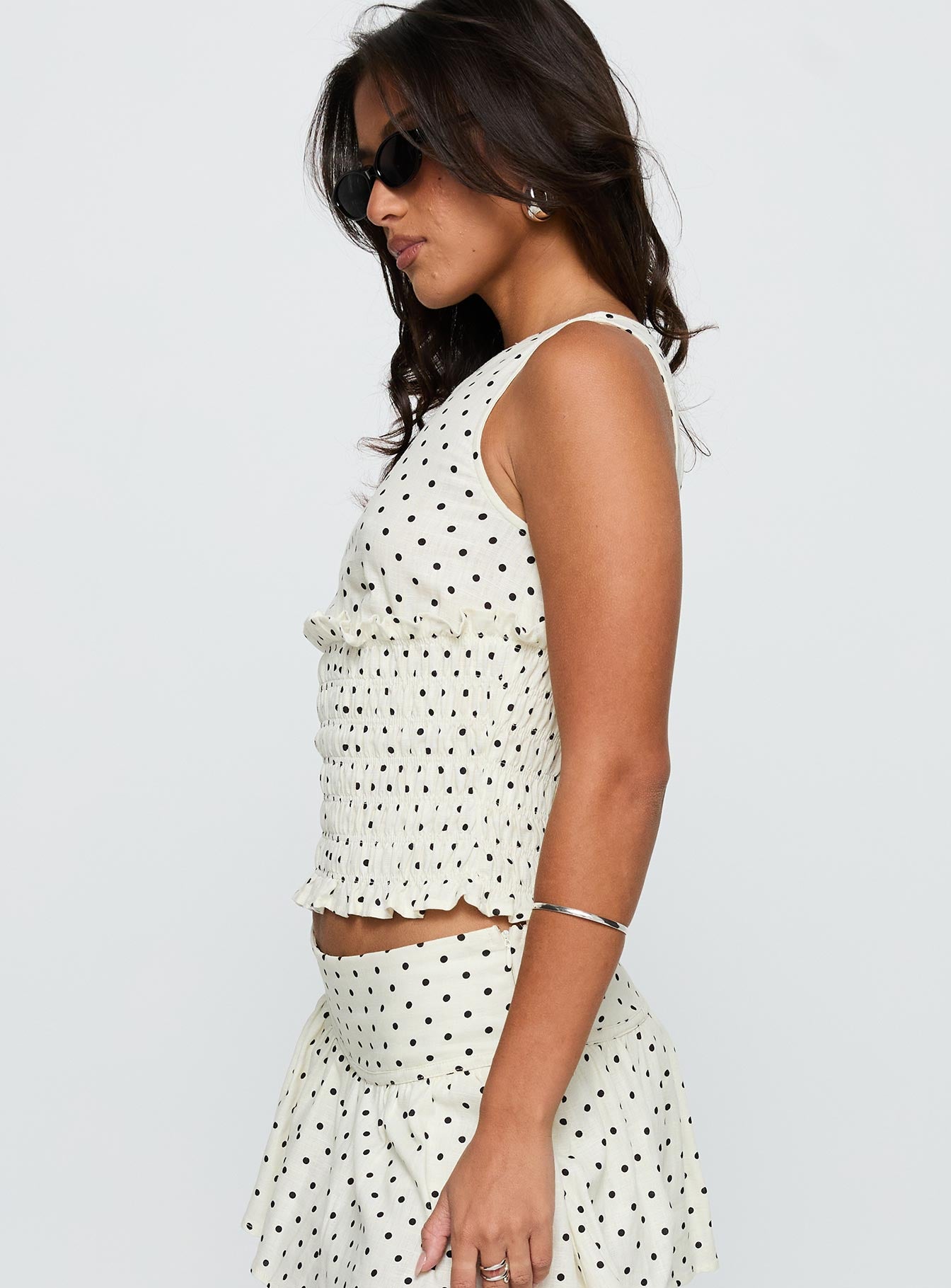 Roxee Ruched Linen Blend Top Cream Polka Dot - Image 4