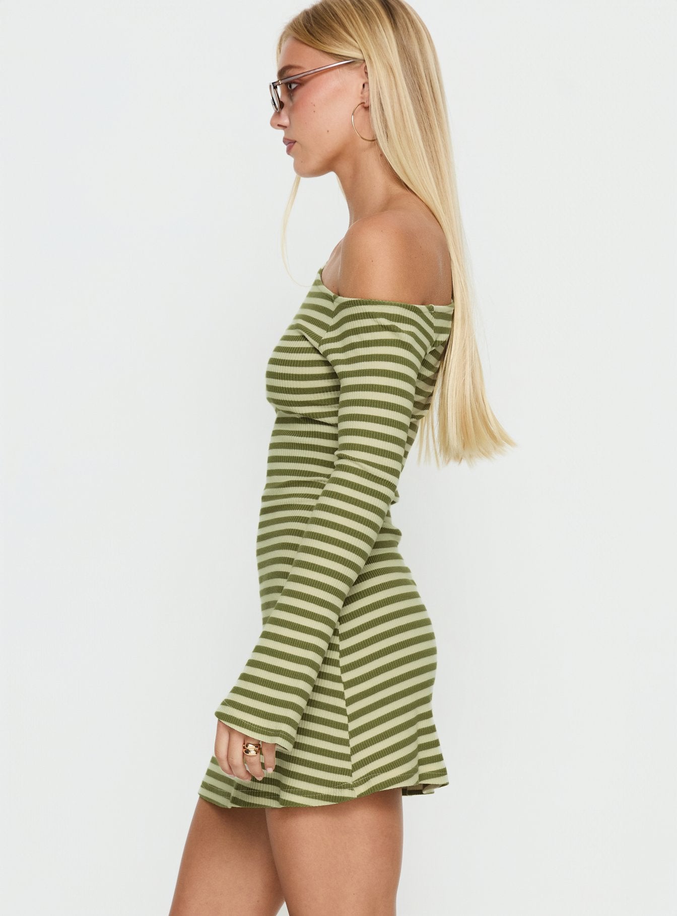 Adrietta Long Sleeve Off Shoulder Mini Dress Cream / Matcha Stripe - Image 3
